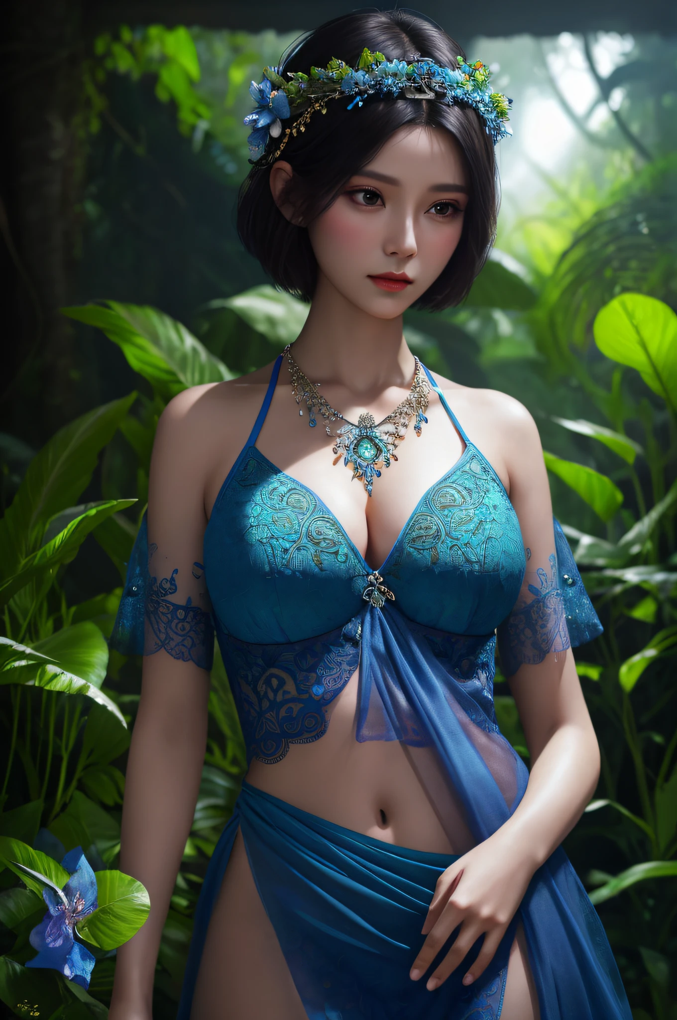 Fashion Photography Portrait of Woman Avatar, 1 Girl in Blue Lush Alien Rainforest with Flowers and Birds, Fantasy, Octane Rendering, HDR, Dolby Vision, (Intricate Detail, Ultra Detail:1.2), (Natural Skin Texture, Surrealism, Soft Light:1.2), Short Fluffy Hair, , Sharp Focus, Night, Necklace, Chinese Mythology, Oversized Tits,Sexy,Crop Top, Sci-Fi Headband, Looking at the Audience, Best Quality, Perfect Body,