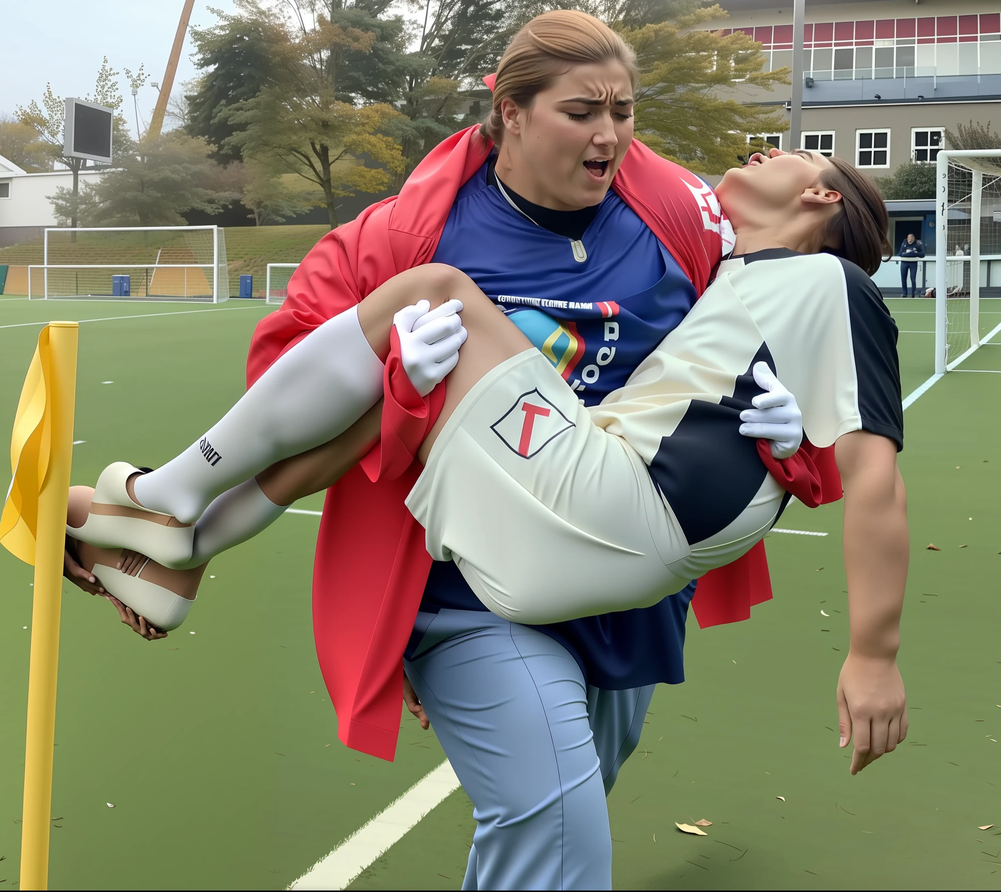 soccer action pose, cradle-carry-pose, first-aid in a sports stadium, affection pose, lecherous action pose, dramatic action pose, theatralic pose, there is a attractive woman that is carrying a wounded athlete, there is a beautiful woman in a shiny black outfit who is carrying a shorthaired young man in her arms, a longhaired beautiful woman in a high-shine black catsuit, a longhaired woman in a shiny black dress, a woman is carrying a shorthaired man who is wearing a sports outfitt, a weak man in sports shorts is consciousless and needs to be carried, a shorthaired man with closed eyes is carried piggyback by a longhaired woman, a woman looks very scared and terrified, a consciousless man with closed eyes is suffering very much and has a very painful face, photo, photo shoot, photographed , accident, help, aid, first aid, pity
