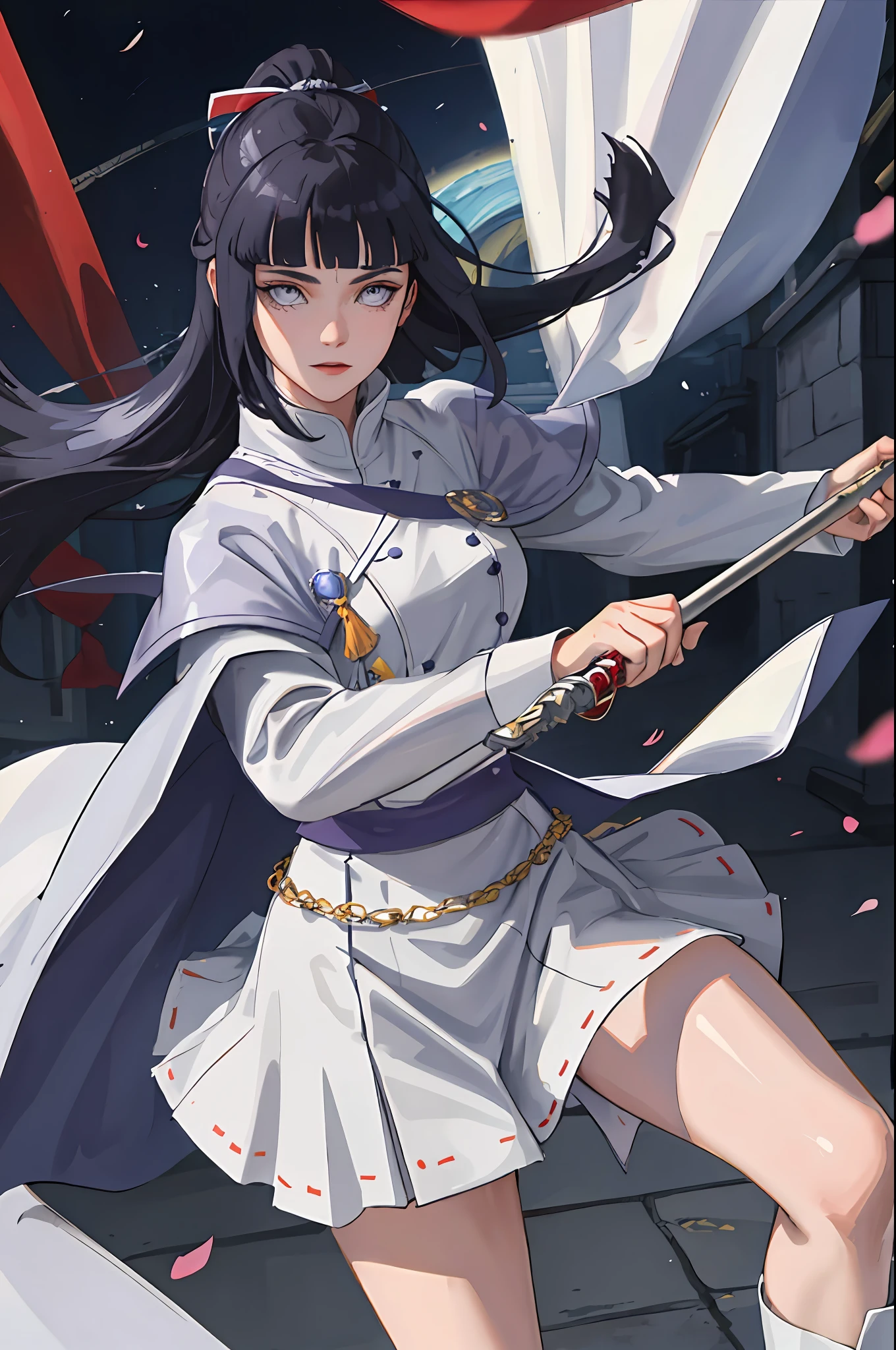 8k, best quality, masterpiece, highly detailed, semi realistic, 1 girl, mature female, 20 years old, dark blue long hair, high ponytail, bangs, purple pupils, silver white armor, white fluffy skirt, silver iron boots, red white fluffy brimmed cloak, wielding sword, knight, coronation ceremony，War, flames, bloodstains，Lily, petal rain，banner, blunt bangs,  hinata/(boruto/),  from front