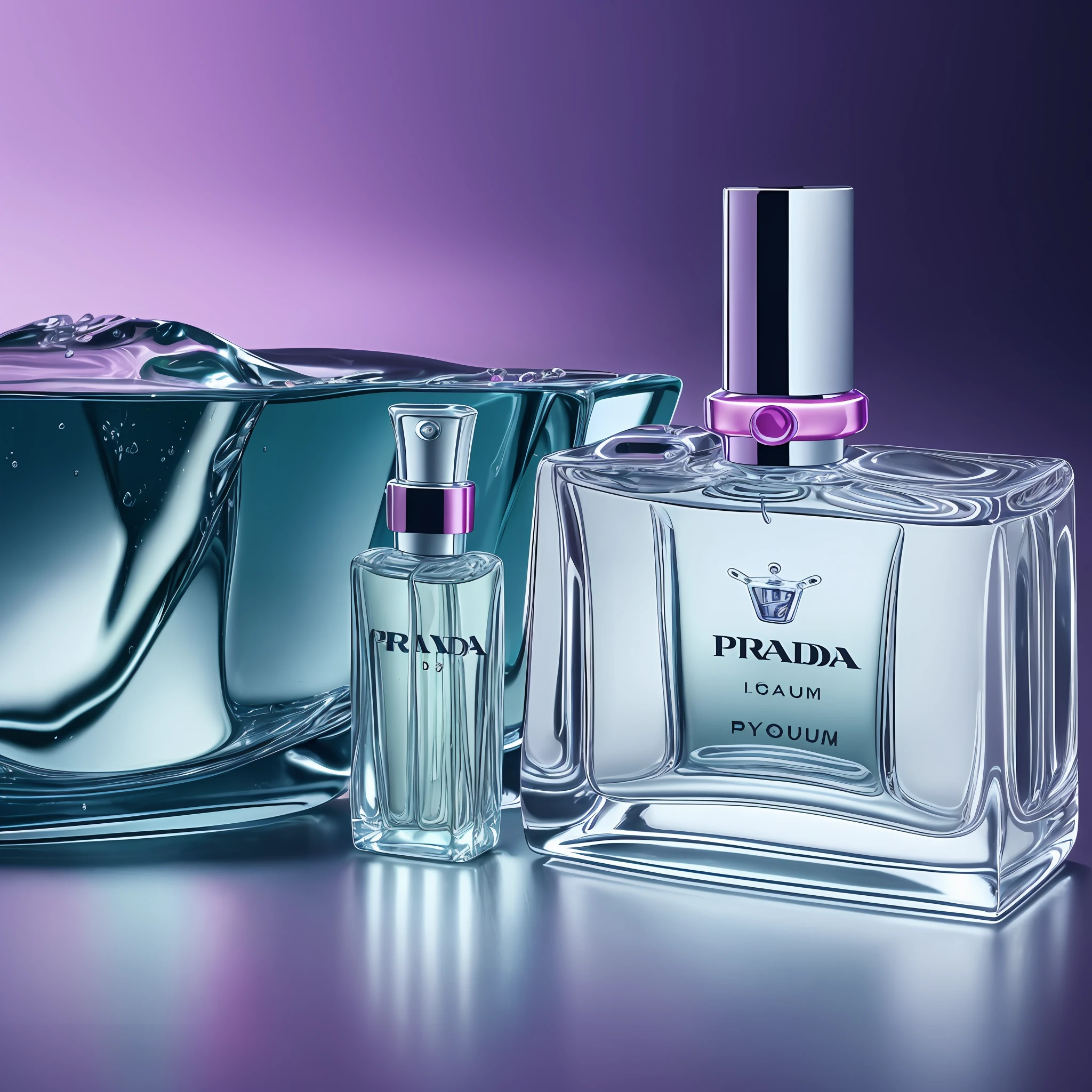 In studio shooting, product - view, Prada, (water perfume. ( Colorful Light) ( Magazine Photography, ) Advertising - Story, Realistic, Realism, Hyperdetail, Ray Tracing, HDR, 16K --ar 9:16 --q 2 --auto --s2