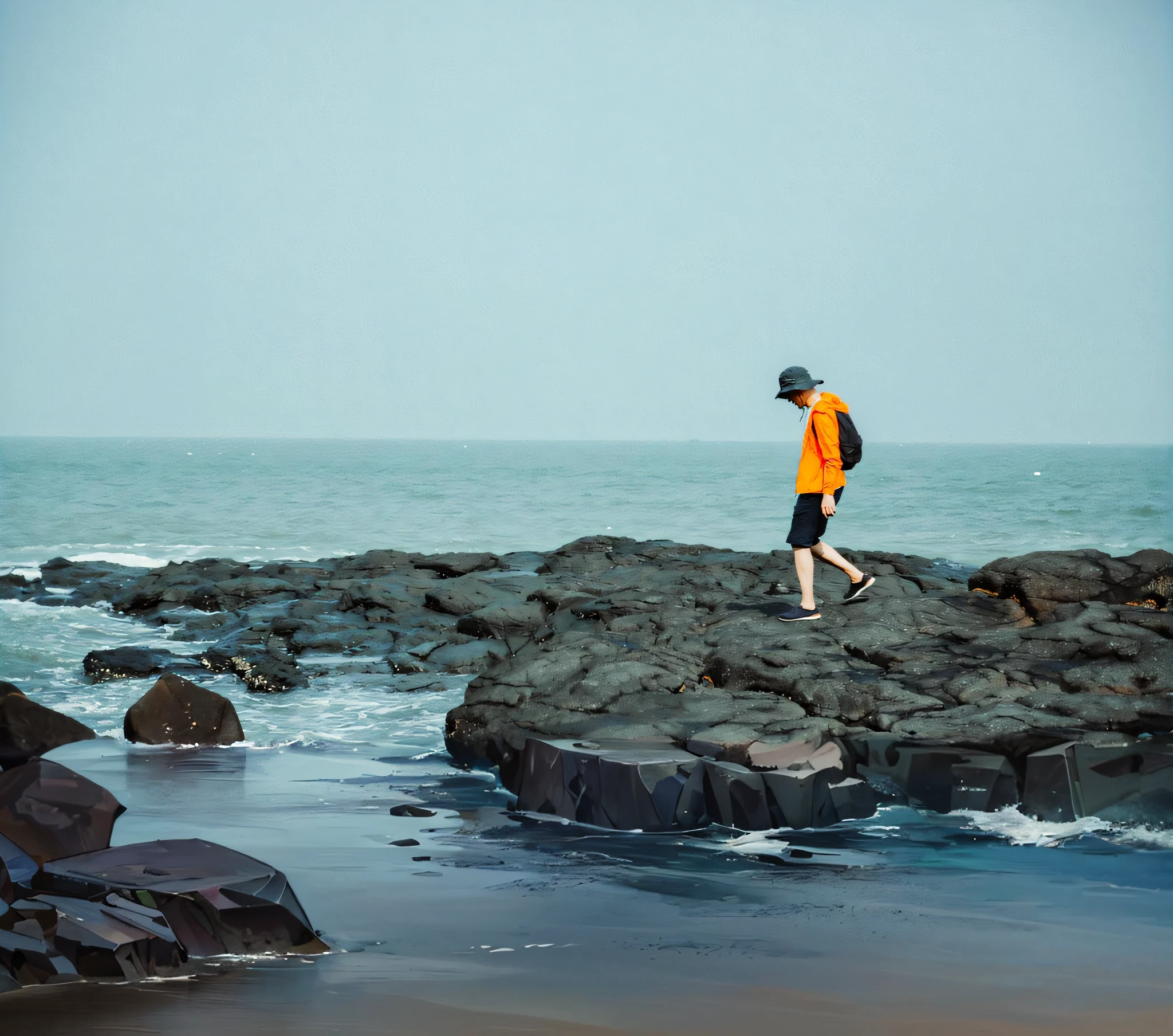there is a man walking on the rocks near the ocean, girl walking on cliff, man walking, standing on rock, by Shen Che-Tsai, walking away from the camera, hiking clothes, exploration, walking away from camera, wearing adventuring gear, lonely human walking, near a jetty, shot on sony a 7, shot on nikon z9, pexels