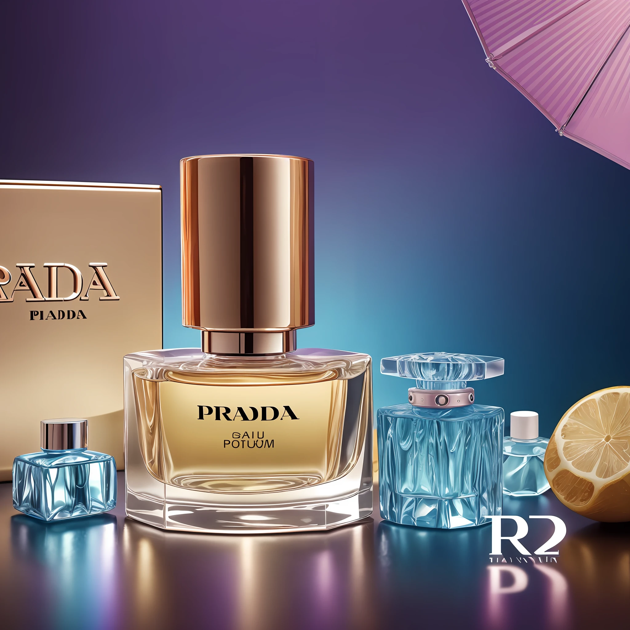 In studio shooting, product - view, Prada, (water perfume. ( Colorful Light) ( Magazine Photography, ) Advertising - Story, Realistic, Realism, Hyperdetail, Ray Tracing, HDR, 16K --ar 9:16 --q 2 --auto --s2