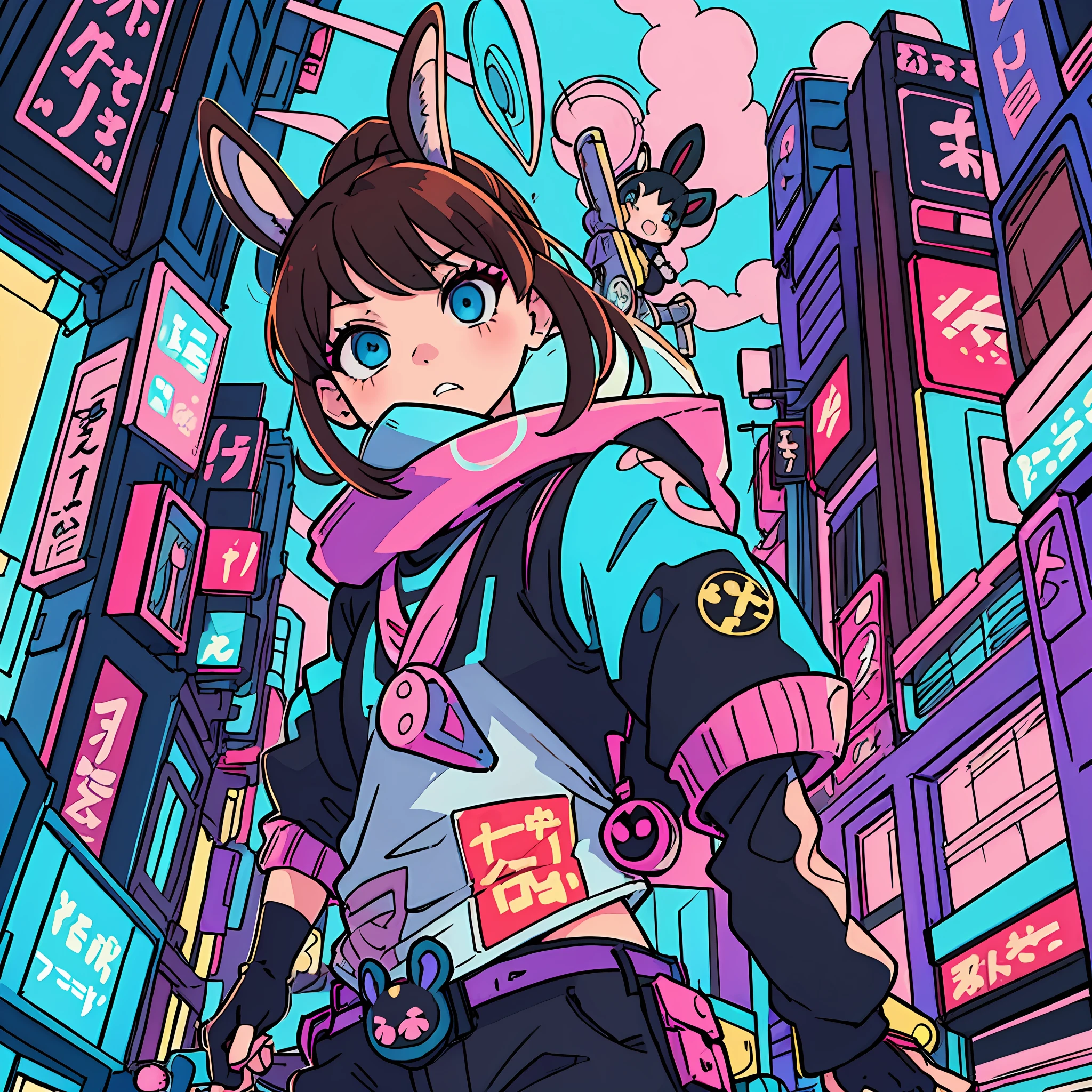 (Anime, girl, Tokyo Revengers style, colorful, vibrant, dynamic, high contrast, bright saturation, cool soundtrack, action-packed, urban aesthetic, cute, brown hair and baby blue eyes, with black clothes, with a stuffed rabbit)