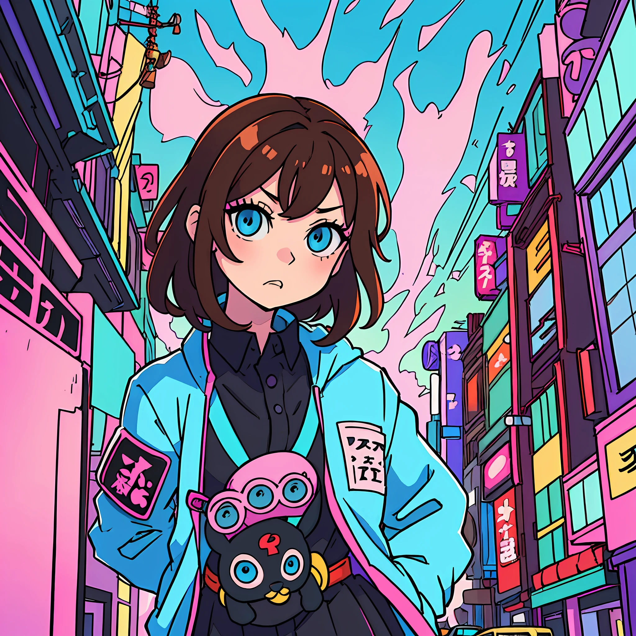 (Anime, girl, Tokyo Revengers style, colorful, vibrant, dynamic, high contrast, bright saturation, cool soundtrack, action-packed, urban aesthetic, cute, brown hair and baby blue eyes, with black clothes, with a stuffed rabbit)