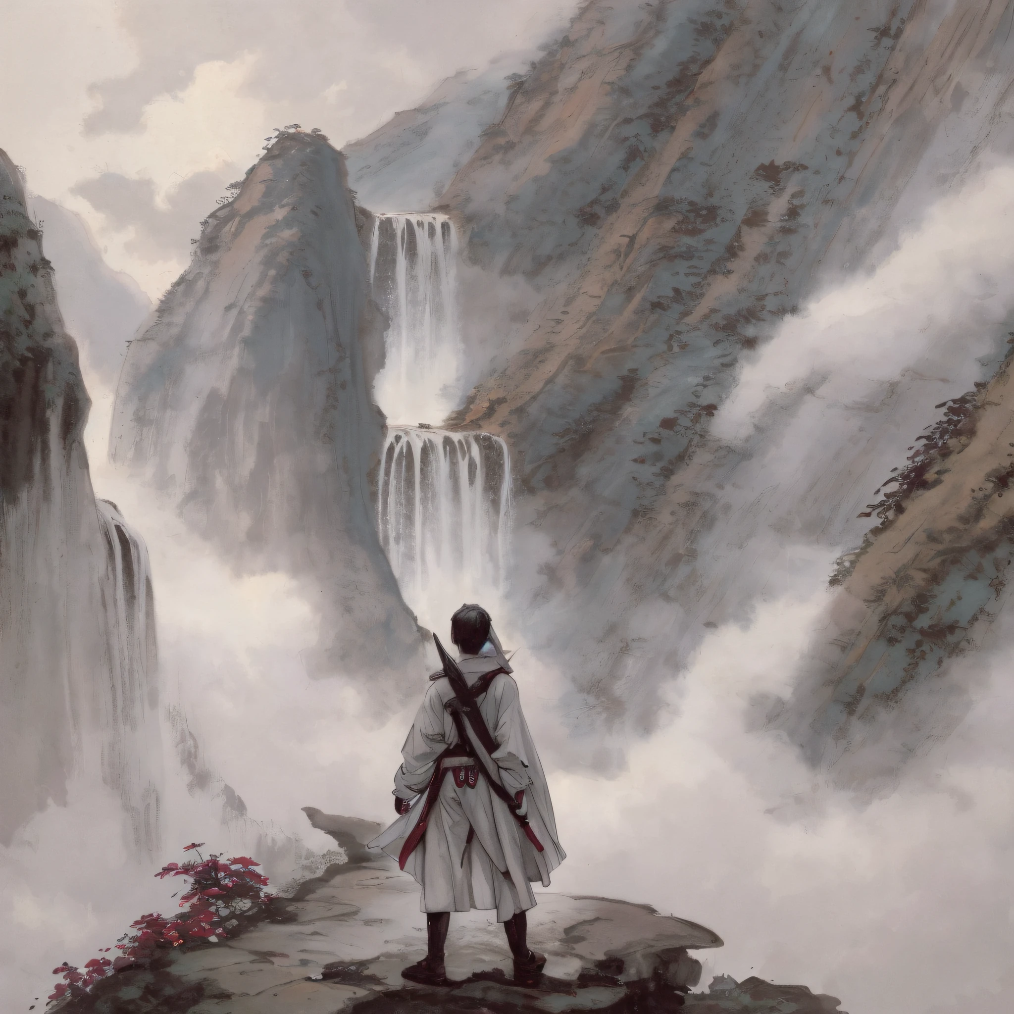 High-quality paintings, painting style wonderland, waterfalls full of water vapor, misty clouds, male heroic posture, standing between lofty mountains. --auto --s2