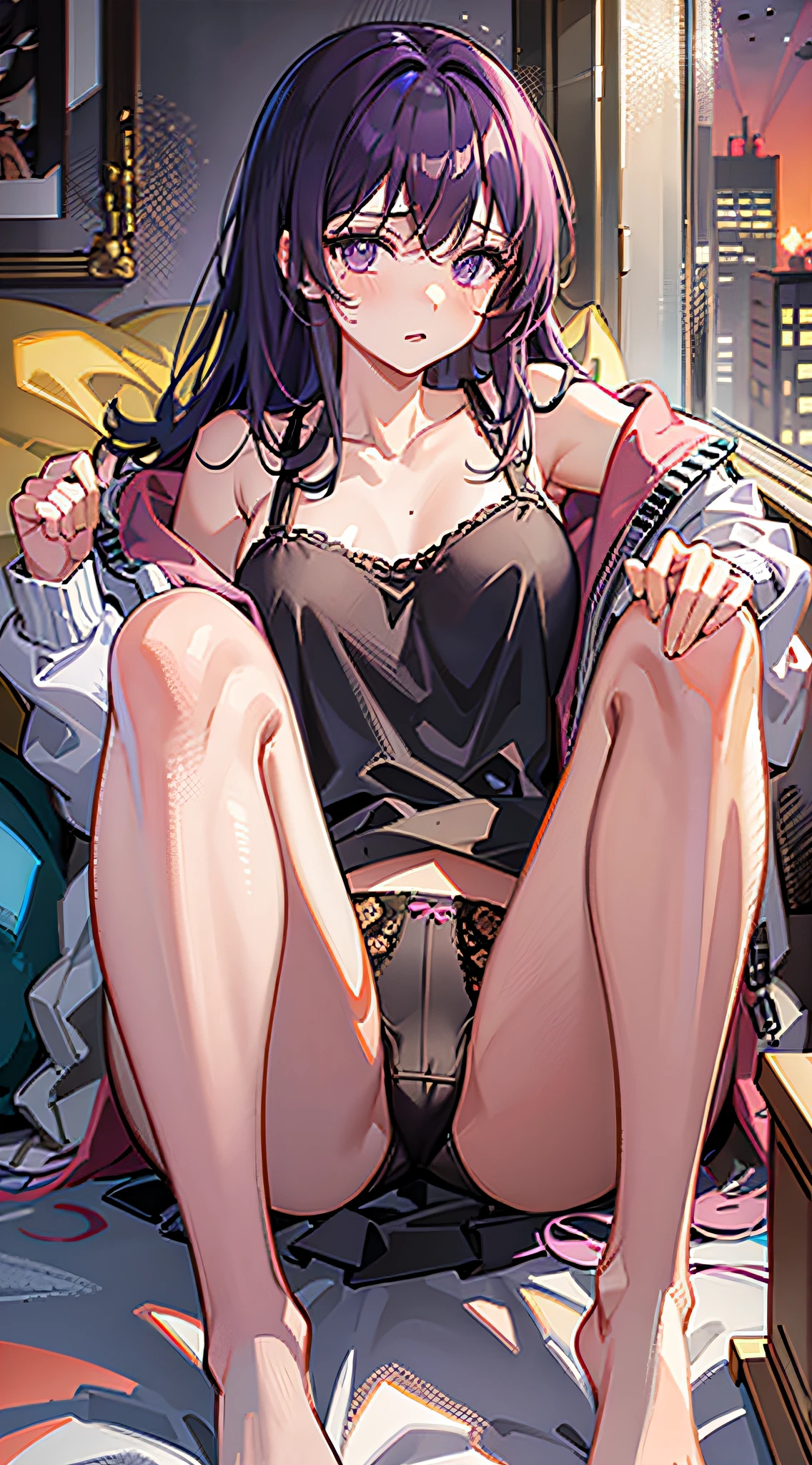 Masterpiece, Best Quality, High Resolution, Solo, Purple Eyes, Indoors, ??????????, ?????????, Sprawled, Anxiety, Bed, Disheveled Clothes, Orange Sunset, Dark, High School Student in Nursery