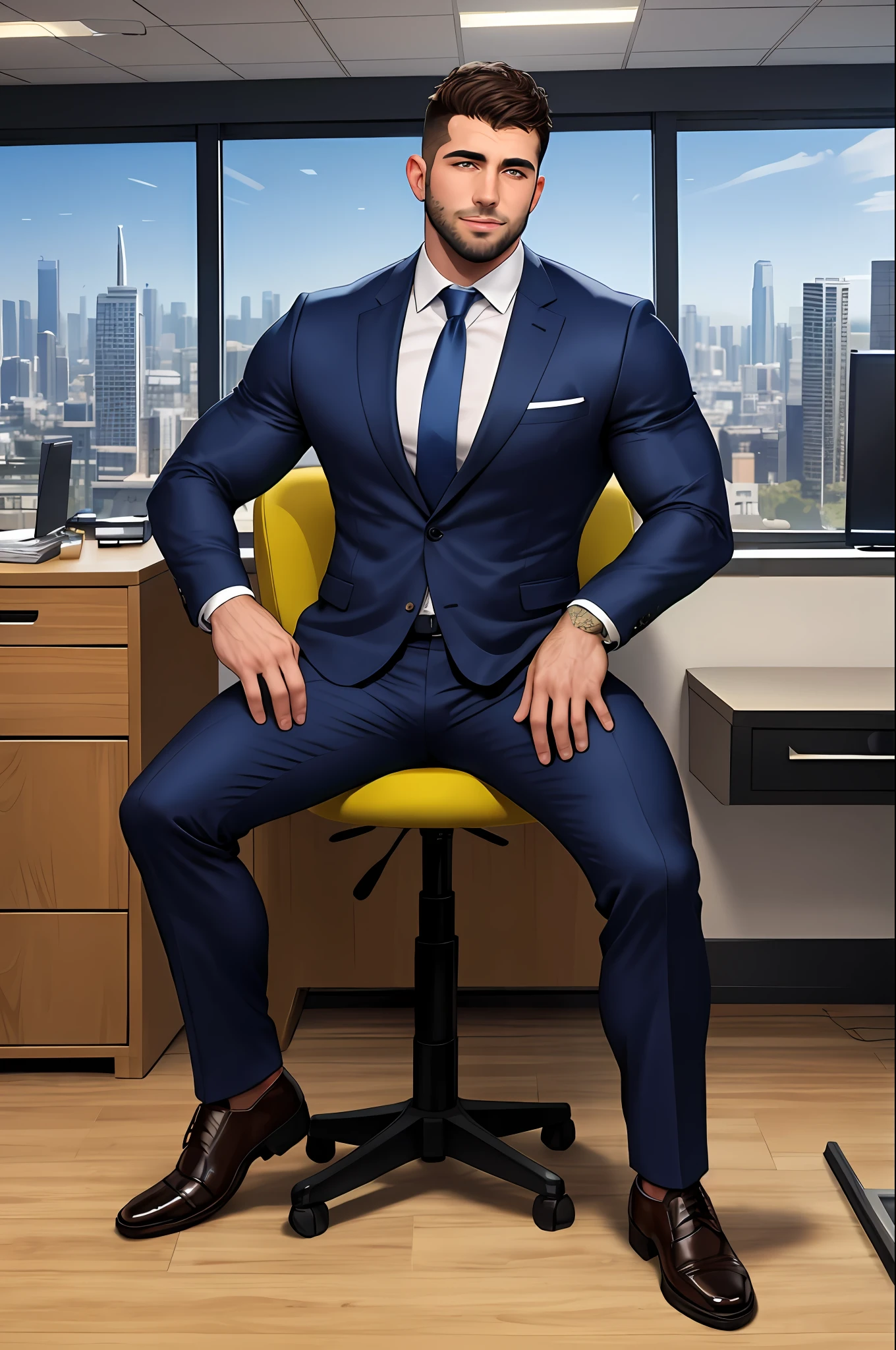 a handsome muscular middle eastern man sitting in the office,crew cut,business suit,windows,cityscape,full body, 25 year old male,[plump],[chris redfield],