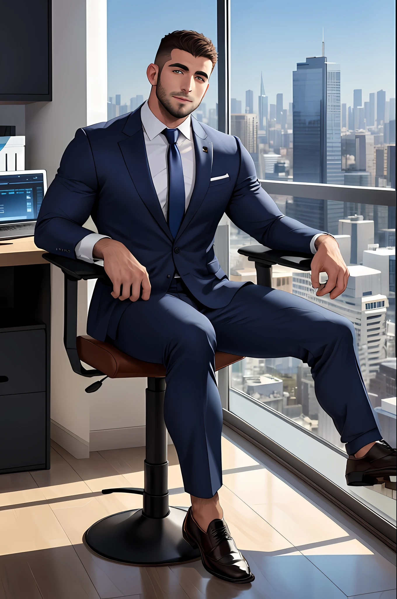 a handsome muscular middle eastern man sitting in the office,crew cut,business suit,windows,cityscape,full body, 25 year old male,[plump],[chris redfield],