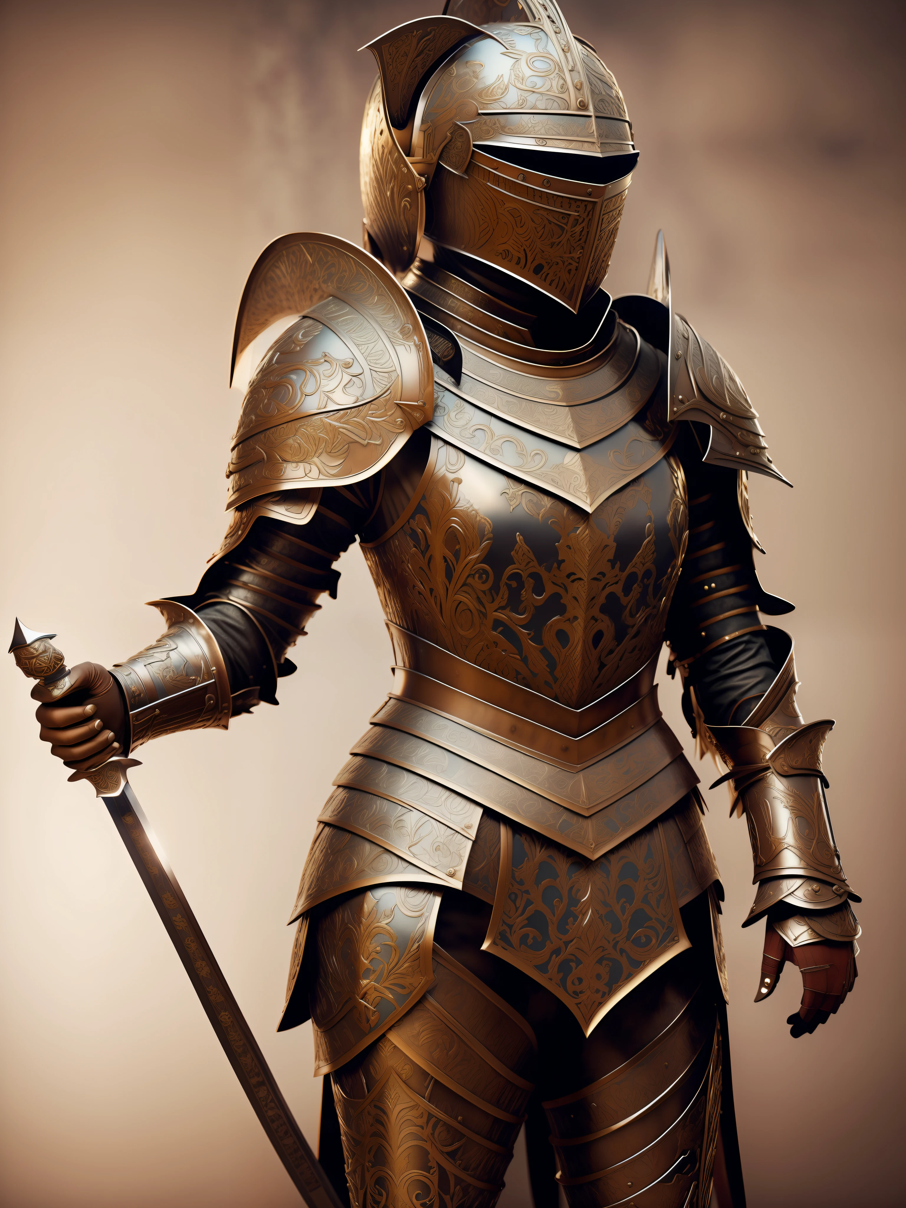 (higher resolution, distinct_image) The best quality, a woman, masterpiece, highly detailed, realistic. Medieval, armor, katana, beautiful, perfect, mature, redhead