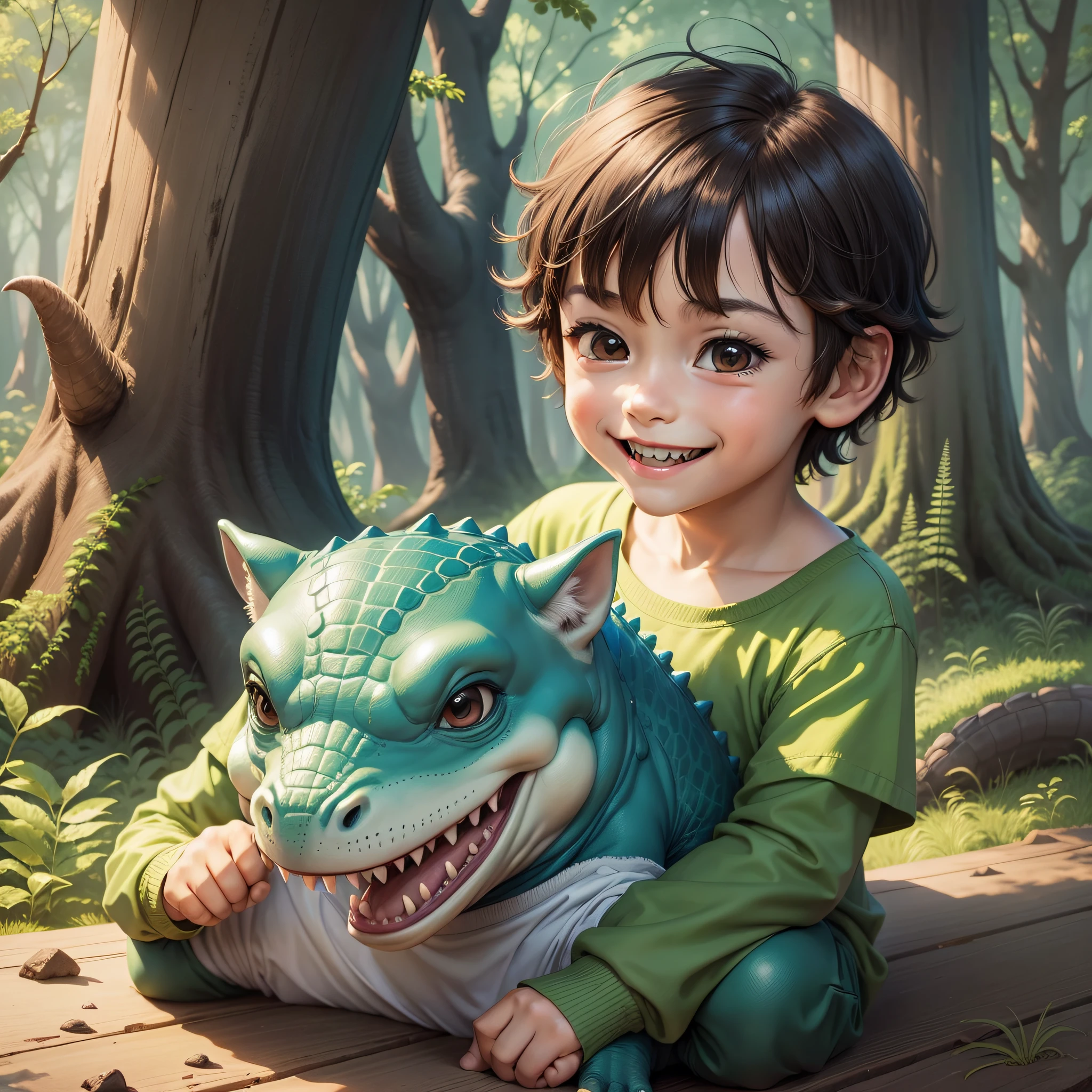 Create a children's book cover where a 6-year-old boy with short hair and a smiling dinosaur cub with rounded corners are smiling and having fun in a forest