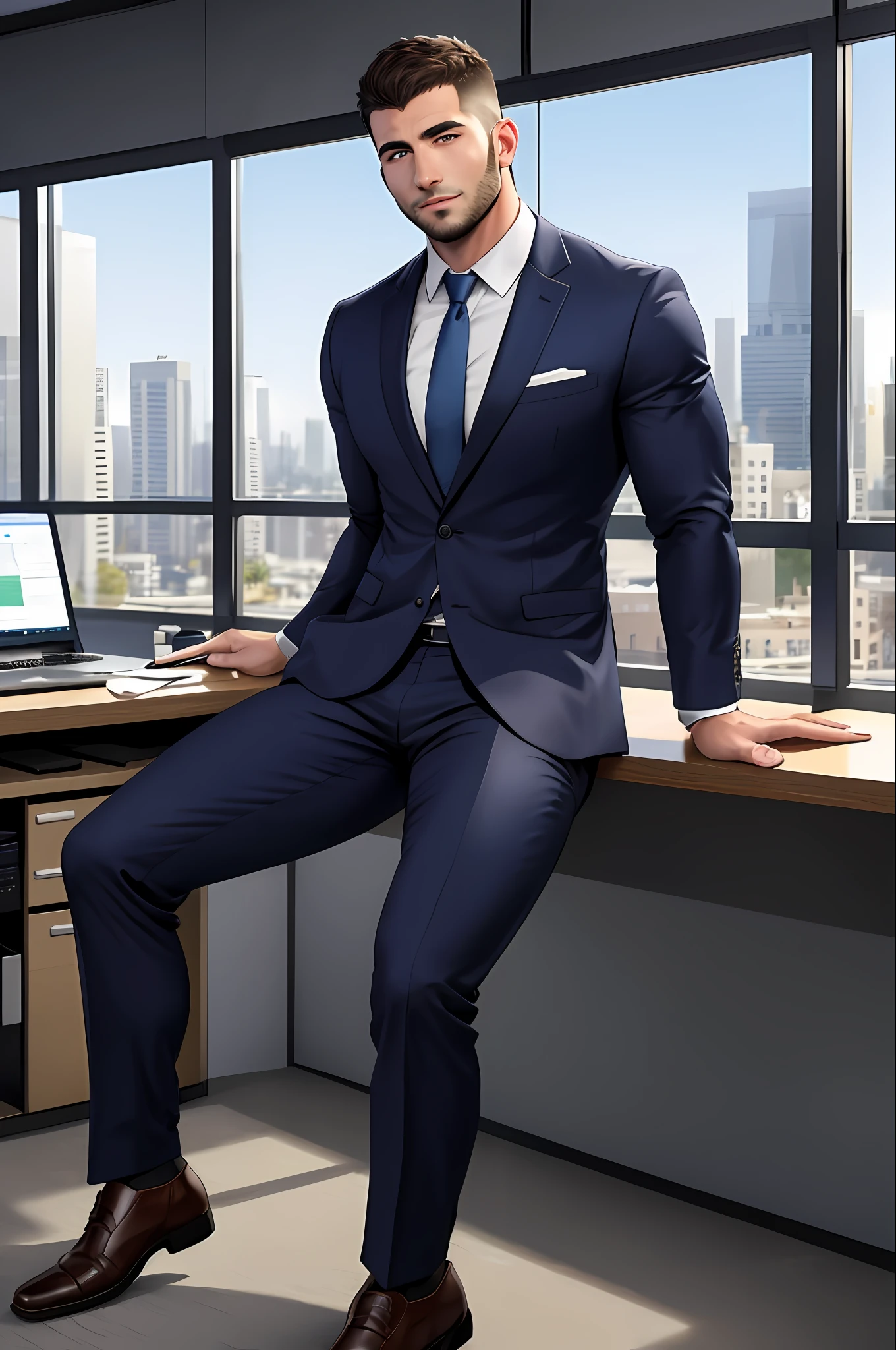 a handsome muscular middle eastern man sitting in the office,crew cut,business suit,windows,cityscape,full body, 25 year old male,[plump],[chris redfield],