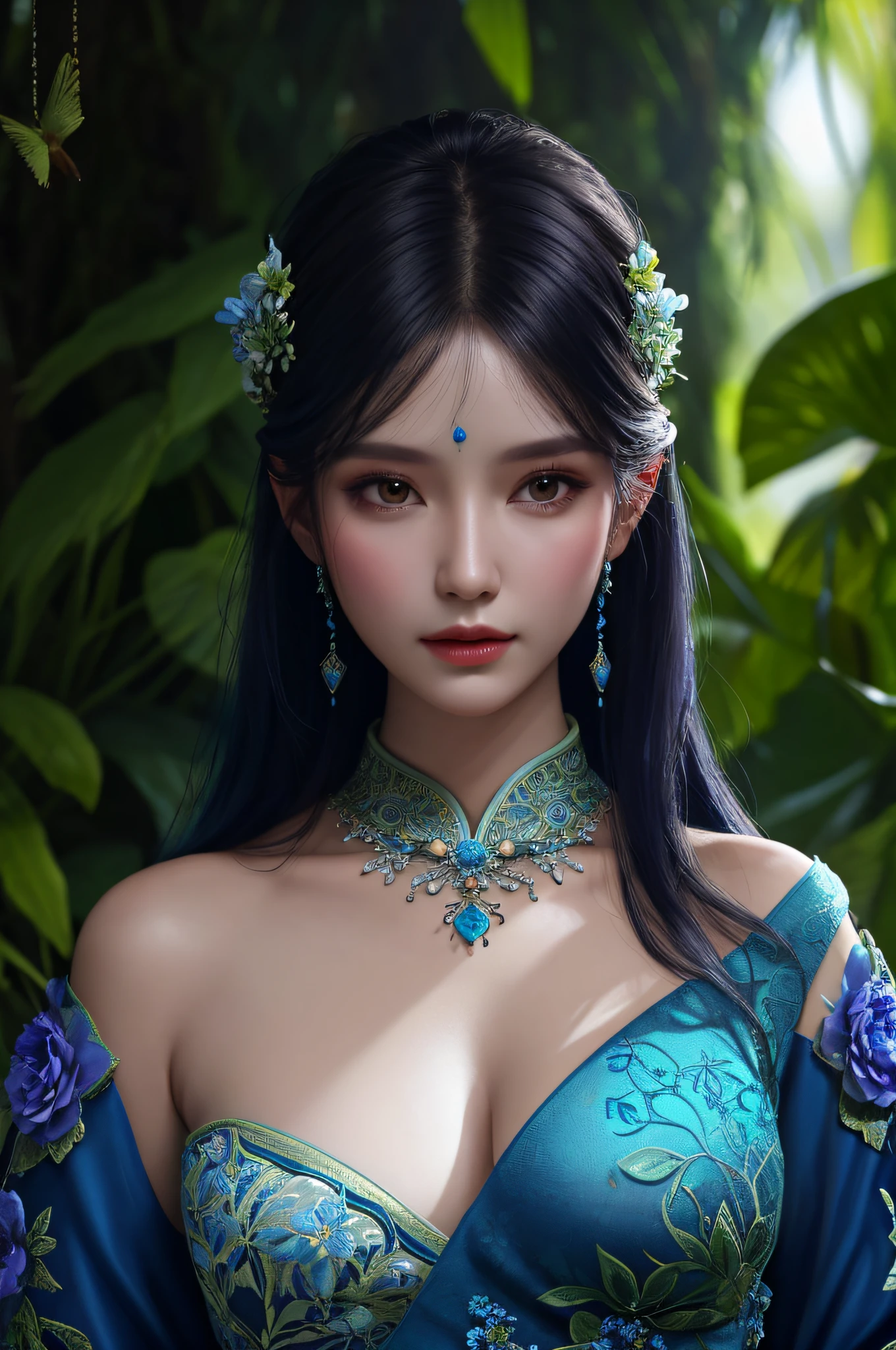 Fashion Photography Portrait of Woman Avatar, 1 Girl in Blue Lush Alien Rainforest with Flowers and Birds, Fantasy, Octane Rendering, HDR, Dolby Vision, (Intricate Detail, Ultra Detail:1.2), (Natural Skin Texture, Surrealism, Soft Light:1.2), Short Fluffy Hair, , Sharp Focus, Night, Necklace, Chinese Mythology, Oversized Tits,Sexy,Crop Top, Sci-Fi Headband, Looking at the Audience, Best Quality, Perfect Body,