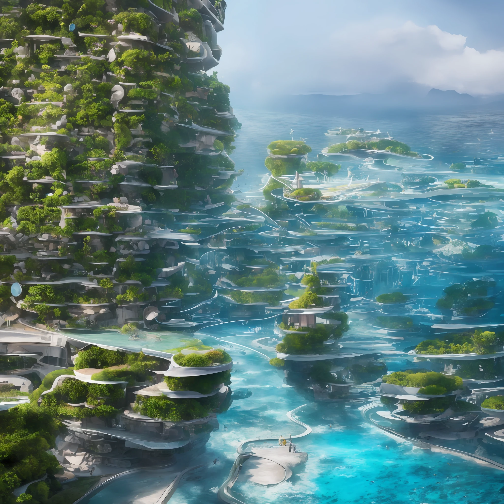 Science Fiction, Cities modern futuristic design large underwater city, futuristic underwater cityscape, a artificial waterfall and a pond with colorful flowers in the middle, nature meets underwater architecture, built inside ocean, realistic beehive architecture, organic underwater architecture, Reality very close to real nature, breathtaking render,city with underwater forest , advanced civilization technology,stunning architecture, luxury architecture, realistic fantasy render, by Zha Shibiao, epic and stunning, architectural visualization, epic architecture, concept art. 8 k --auto --v6 --s2