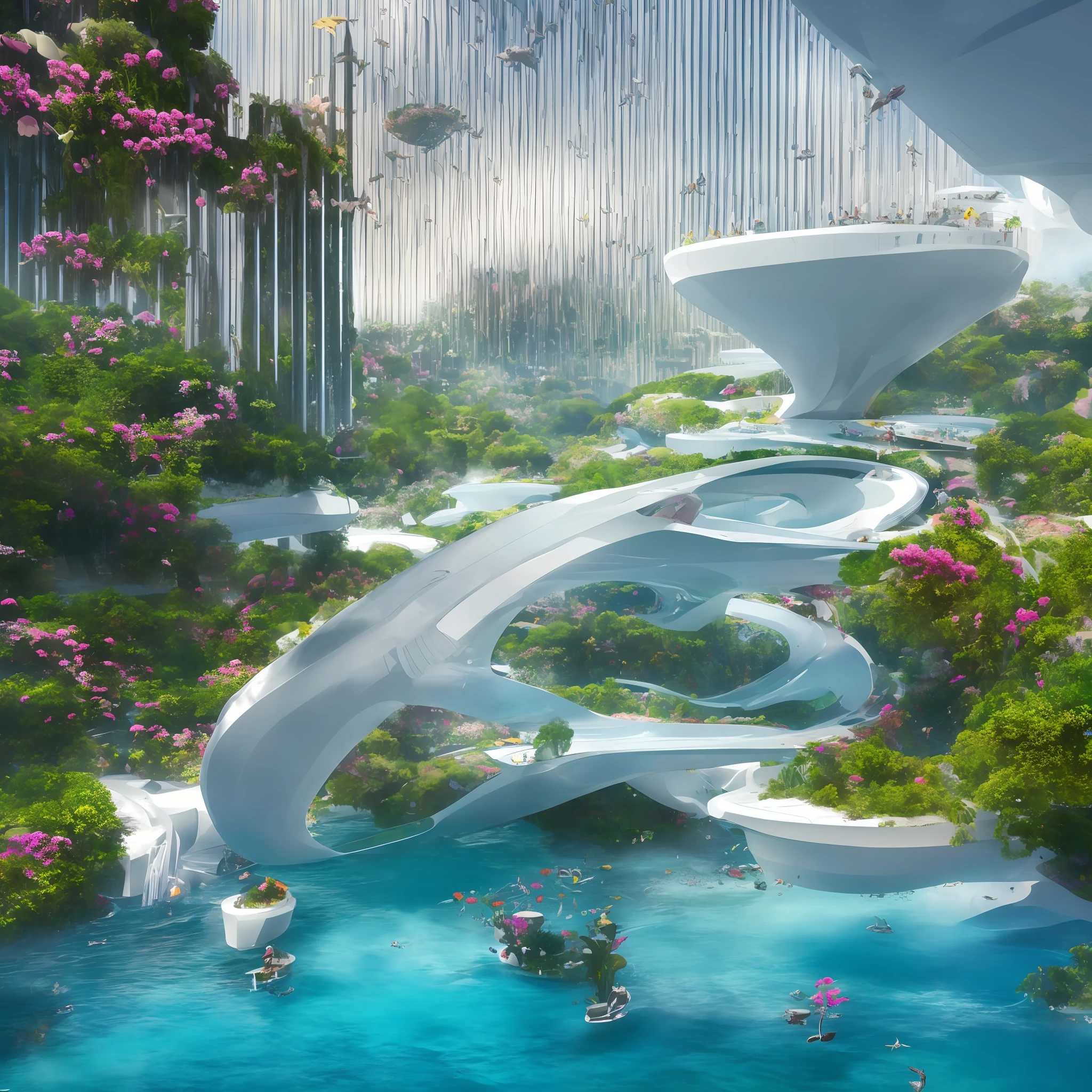 Science Fiction, Cities modern futuristic design large underwater city, futuristic underwater cityscape, a artificial waterfall and a pond with colorful flowers in the middle, nature meets underwater architecture, built inside ocean, realistic beehive architecture, organic underwater architecture, Reality very close to real nature, breathtaking render,city with underwater forest , advanced civilization technology,stunning architecture, luxury architecture, realistic fantasy render, by Zha Shibiao, epic and stunning, architectural visualization, epic architecture, concept art. 8 k --auto --v6 --s2