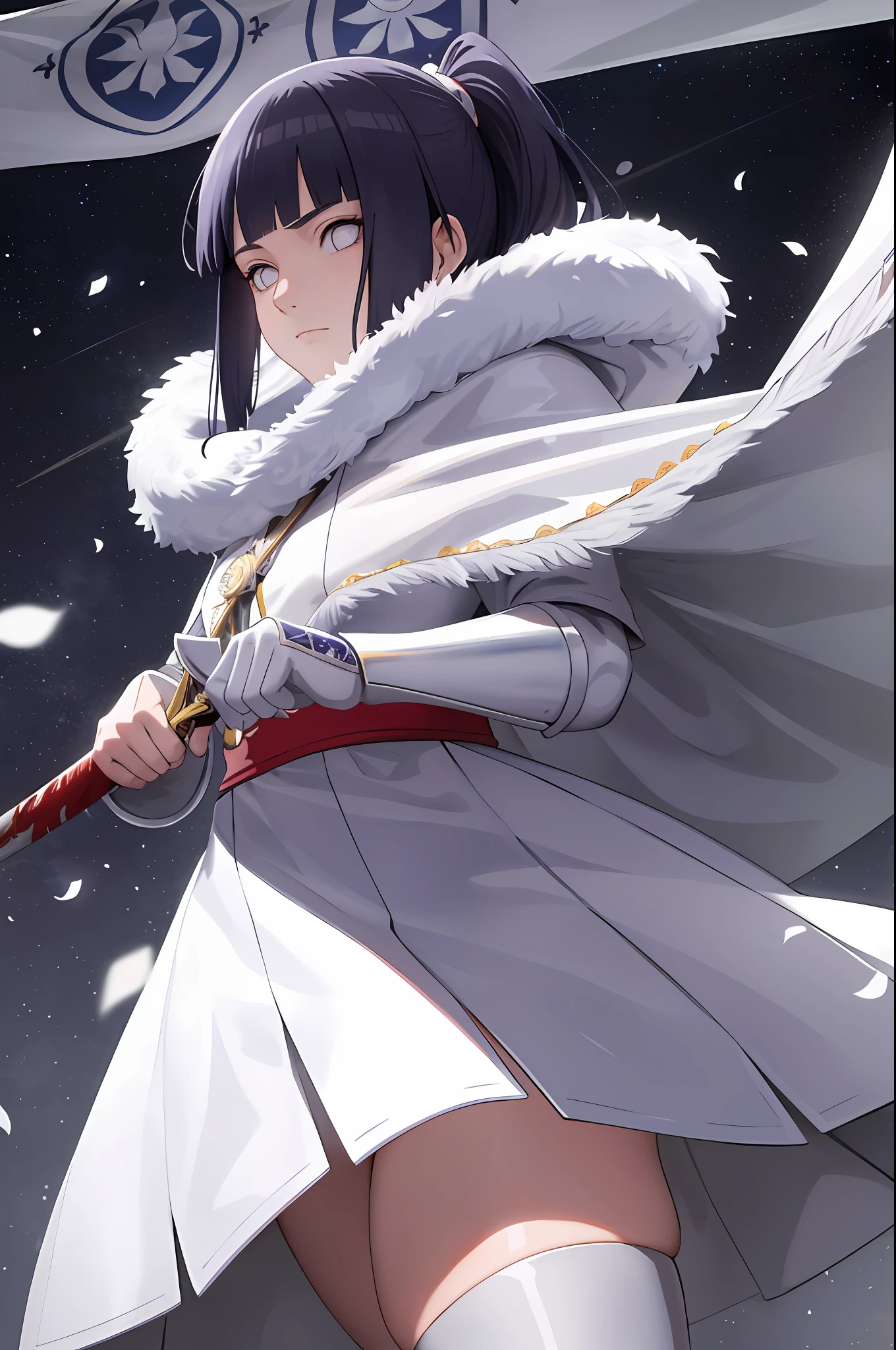 8k, best quality, masterpiece, highly detailed, semi realistic, 1 girl, 20 years old, dark blue long hair, high ponytail, bangs, purple pupils, silver white armor, white fluffy skirt, silver iron boots, red white fluffy brimmed cloak, wielding sword, knight, coronation ceremony,War, flames, bloodstains,Lily, petal rain,banner, blunt bangs, hinata/(boruto/), from front