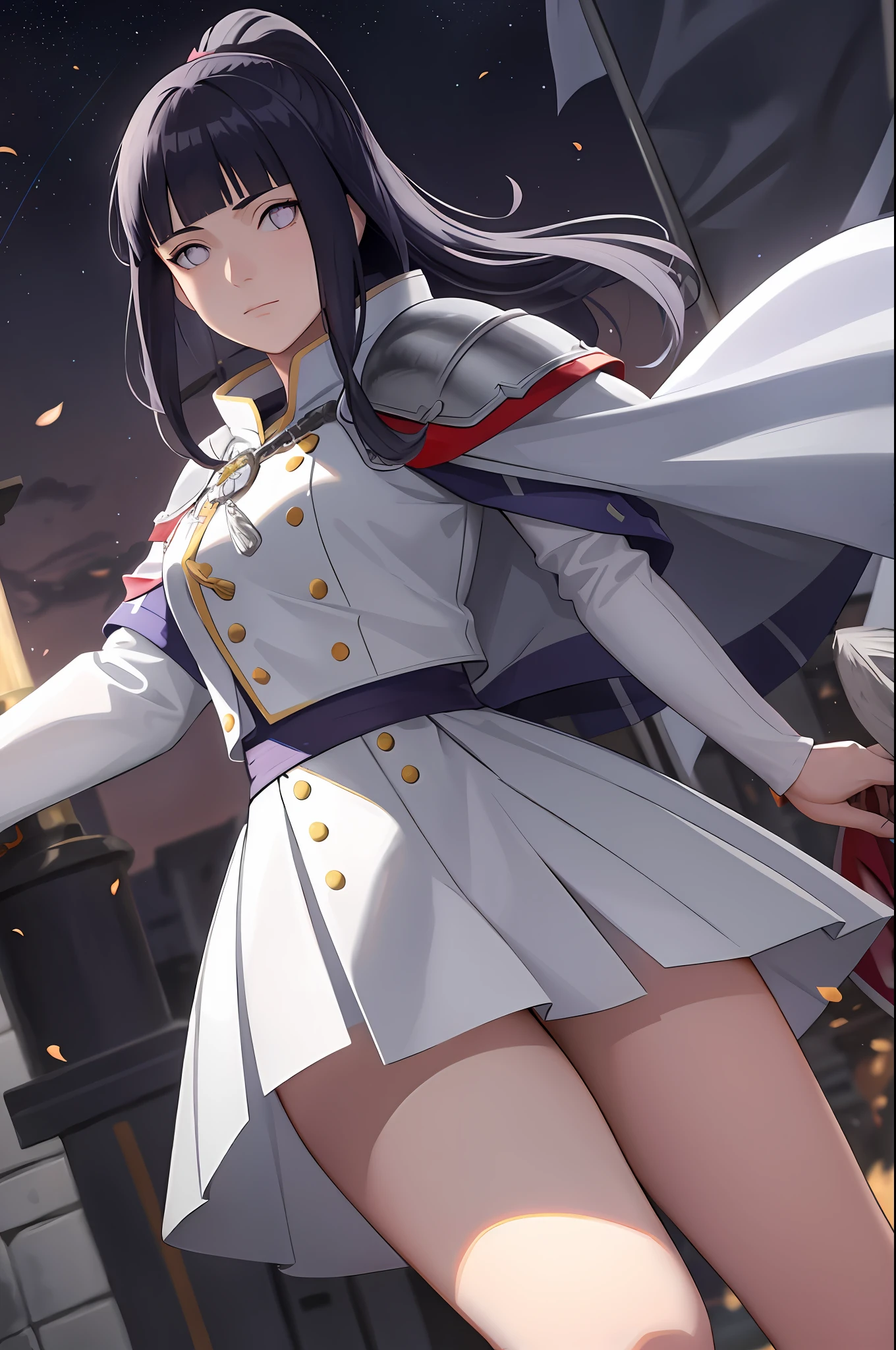 8k, best quality, masterpiece, highly detailed, semi realistic, 1 girl, 20 years old, dark blue long hair, high ponytail, bangs, purple pupils, silver white armor, white fluffy skirt, silver iron boots, red white fluffy brimmed cloak, wielding sword, knight, coronation ceremony,War, flames, bloodstains,Lily, petal rain,banner, blunt bangs, hinata/(boruto/), from front