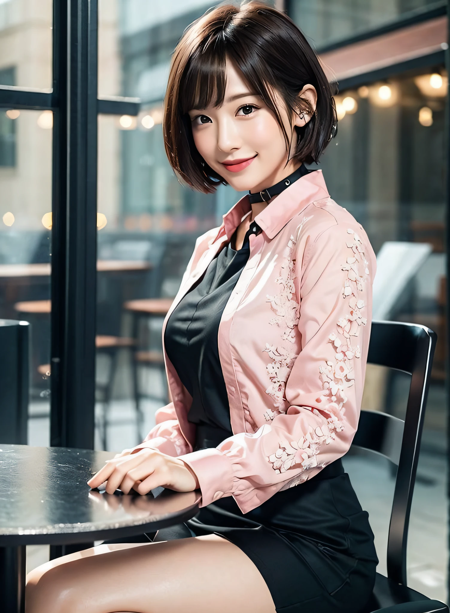 8k, top quality, masterpiece: 1.2), (realistic, photorealistic: 1.37), super detailed, girl alone, cute, alone, beautiful detailed sky, detailed café, sitting, dating, (blush), (smile: 1.15),(closed)small,beautiful fineness,(shirt with collar:1.1),night,wet,business wear,rain,white lace,(short hair:1.2),floating hair NovaFrogStyle,