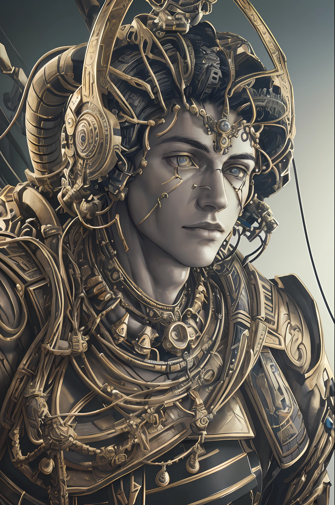 1Mechanical boy, (((ultra realistic details)), portrait, global lighting, shadows, octane render, 8k, ultra sharp, metal, intricate, detailed ornaments, cool colors, Egyptian detail, highly intricate details, realistic light, trend in cgsociety, bright eyes, front camera, neon details, mechanical limbs, blood vessels connected to tubes, mechanical vertebra attaching to the back, mechanical cervial attaching to the neck, sitting, wires and cables connecting to the head