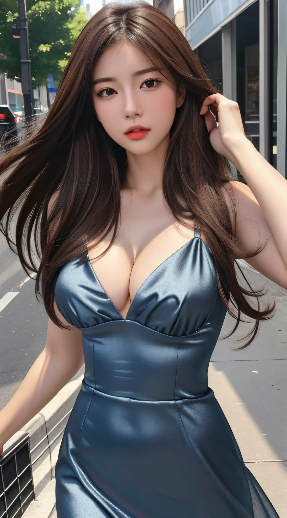 (Realistic, Photorealistic: 1.37), (8k, RAW Photos, Top Quality, Masterpiece: 1.2), (Realistic Lighting)), Clear Focus: 1.2, 1 Girl, Perfect Body Beauty: 1.4, Slim Abs: 1.1, ((Dark Brown Hair, Big: 1.3)), (Accent Dress: 1.4), (Outdoor, Night: 1.1), Street, Slender Face, Fine Eyes, Double Eyelids, absurdity of exposed cleavage, messy hair, floating hair,