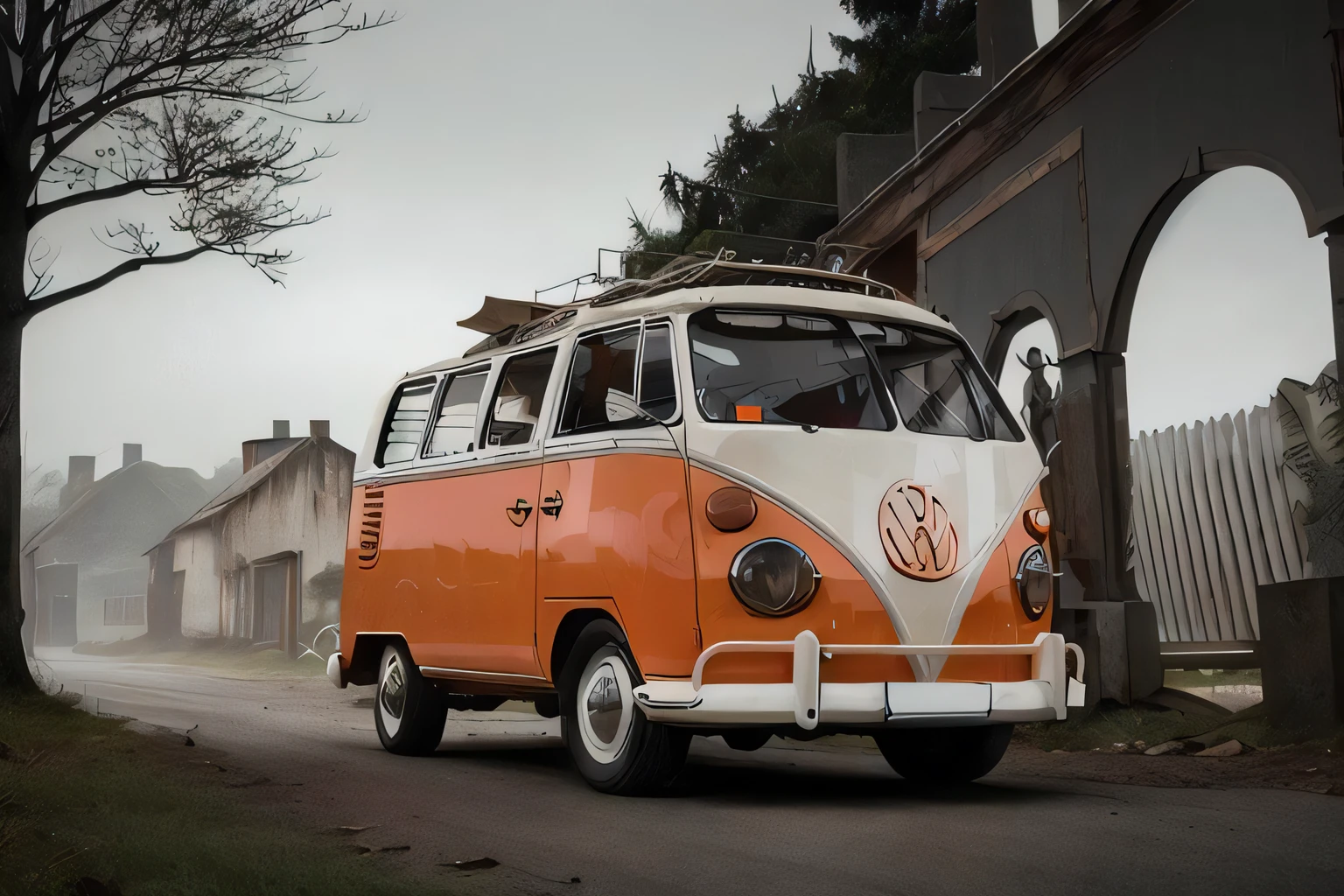 analog gloomy photo of an (orange) volkswagen kombi,  ((haunted house:1.0)), (walking dead:1.0), zombie apocalypse, (abandoned town at (midnight)), (full moon), (winter), (snow), ((horror movie)), ((nighttime)), lost in the wood, ruins, dilapidated buildings, High Detail, Sharp focus, (photorealism), realistic, best quality, 8k, award winning, dramatic lighting, epic, cinematic, masterpiece, rim light, ambient fog:1.5, dutch angle,