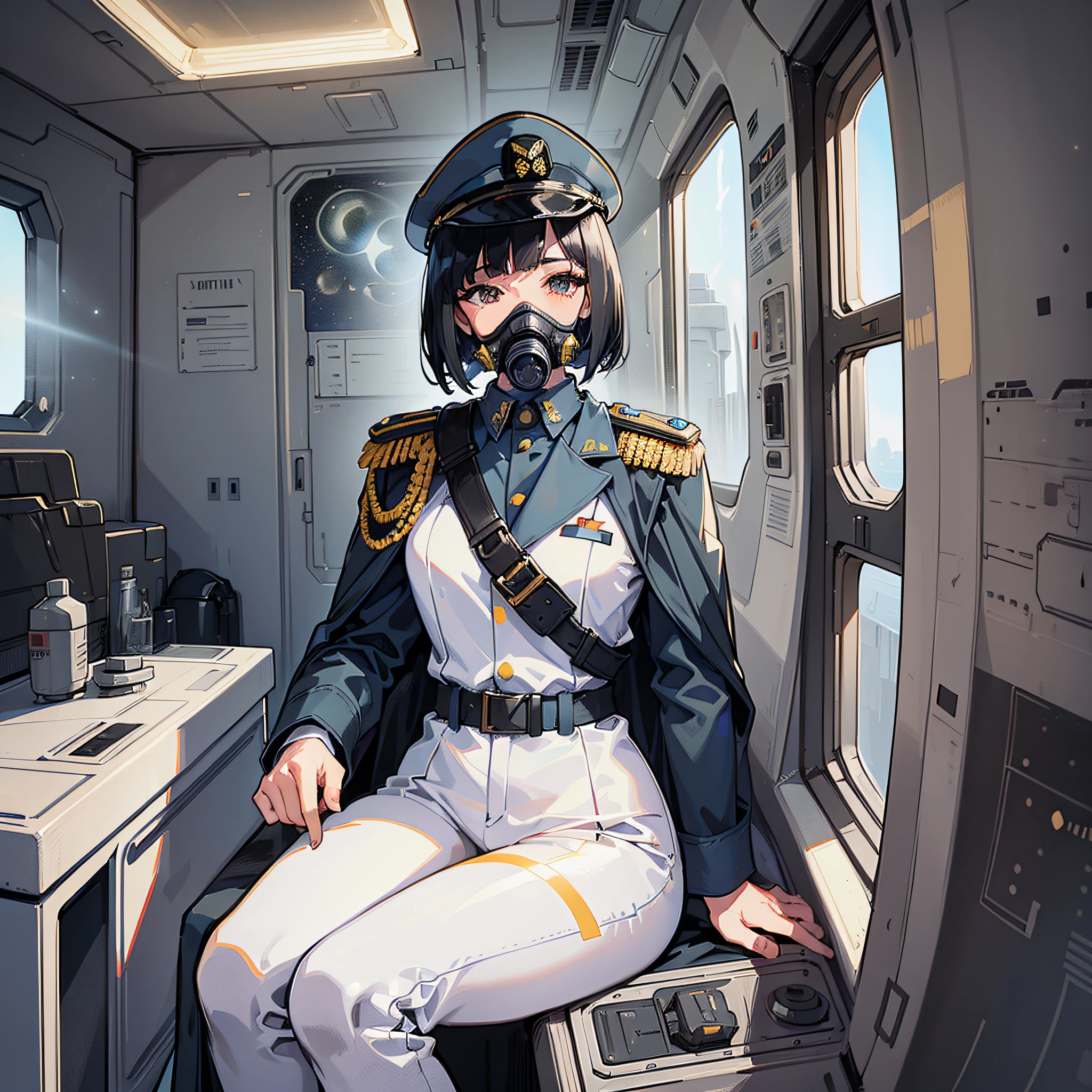 ((Masterpiece)), ((Best Quality)), ((Best Quality)), (Illustration of One Girl), Full Body, 25 Years Old, (Admiral), Black Hair Bob Cut, (((Gas Mask Covering Face)), Gray Eyes, (Tall)), ((Military Uniform)), ((Military Uniform)), (Military Hat)), ((Army Coat)), (White Clothes), (White Pants), (White Hat), Trench Coat, (((Inside the Spaceship, Sitting on the Captain's Seat)) , (outside the window, space, earth seen from space, spaceport)