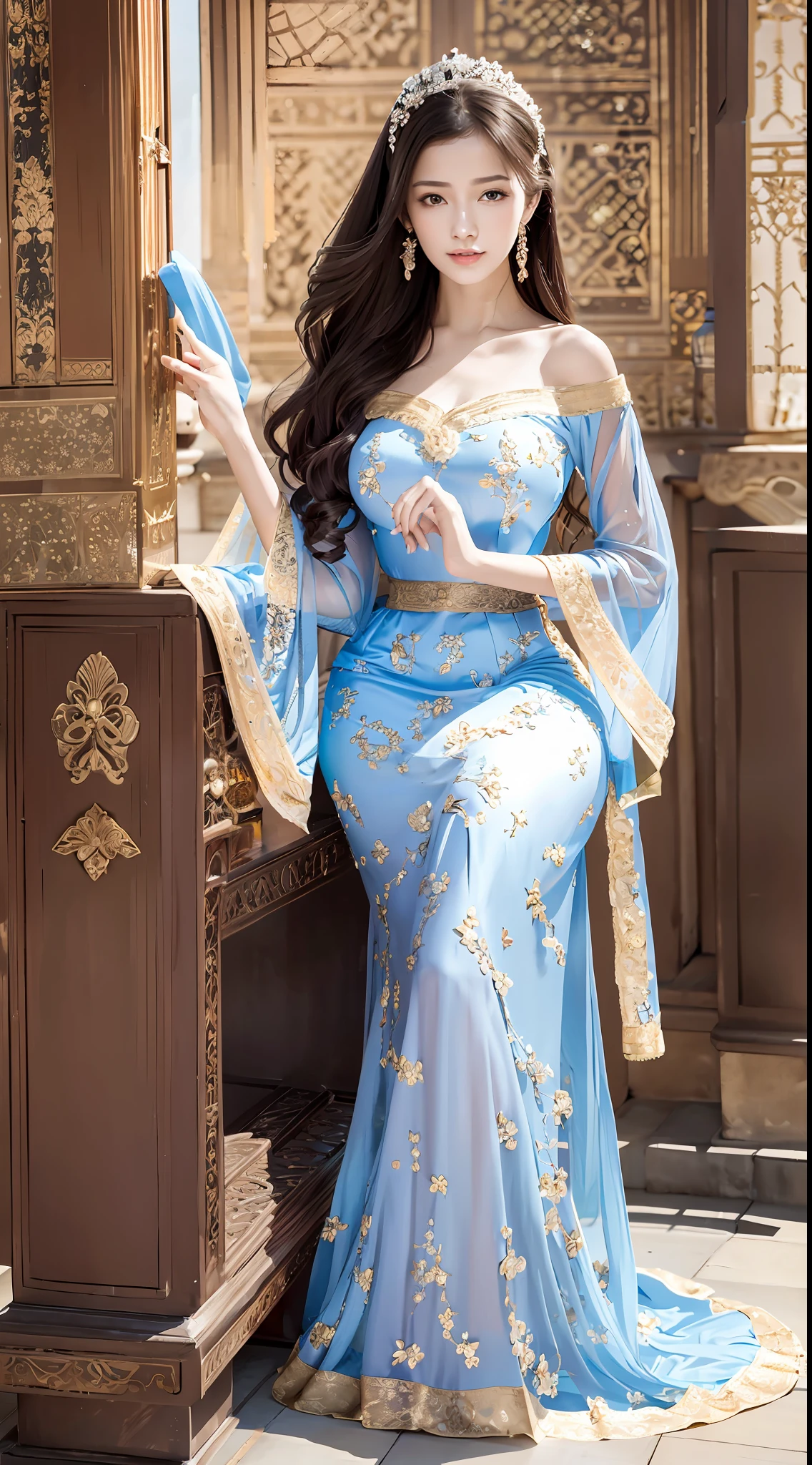 Top quality, lots of details, a beautiful girl, artistic, beautiful, elegant, slender eyebrows and clear eyes. Ruddy lips, soft skin, bandeau dress with gold edges, antique long-sleeved dress, stroking posture and waiting posture. The blue sky and the quiet courtyard (literary and elegant, antique, long-sleeved dresses, piano posture), full body close-up