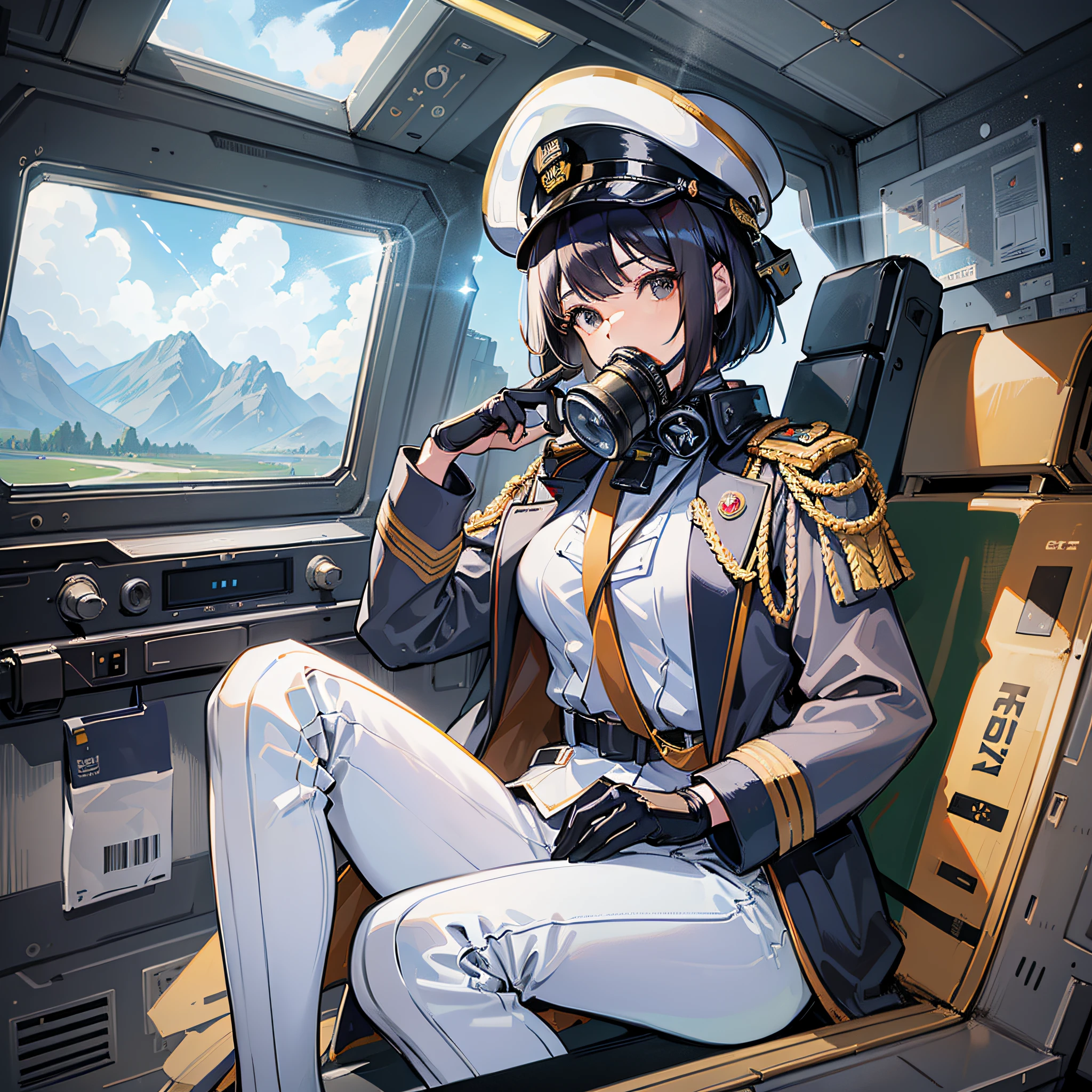 ((Masterpiece)), ((Best Quality)), ((Best Quality)), (Illustration of One Girl), Full Body, 25 Years Old, (Admiral), Black Hair Bob Cut, (((Gas Mask Covering Face)), Gray Eyes, (Tall)), ((Military Uniform)), ((Military Uniform)), (Military Hat)), ((Army Coat)), (White Clothes), (White Pants), (White Hat), Trench Coat, (((Inside the Spaceship, Sitting on the Captain's Seat)) , (outside the window, space, earth seen from space, spaceport)