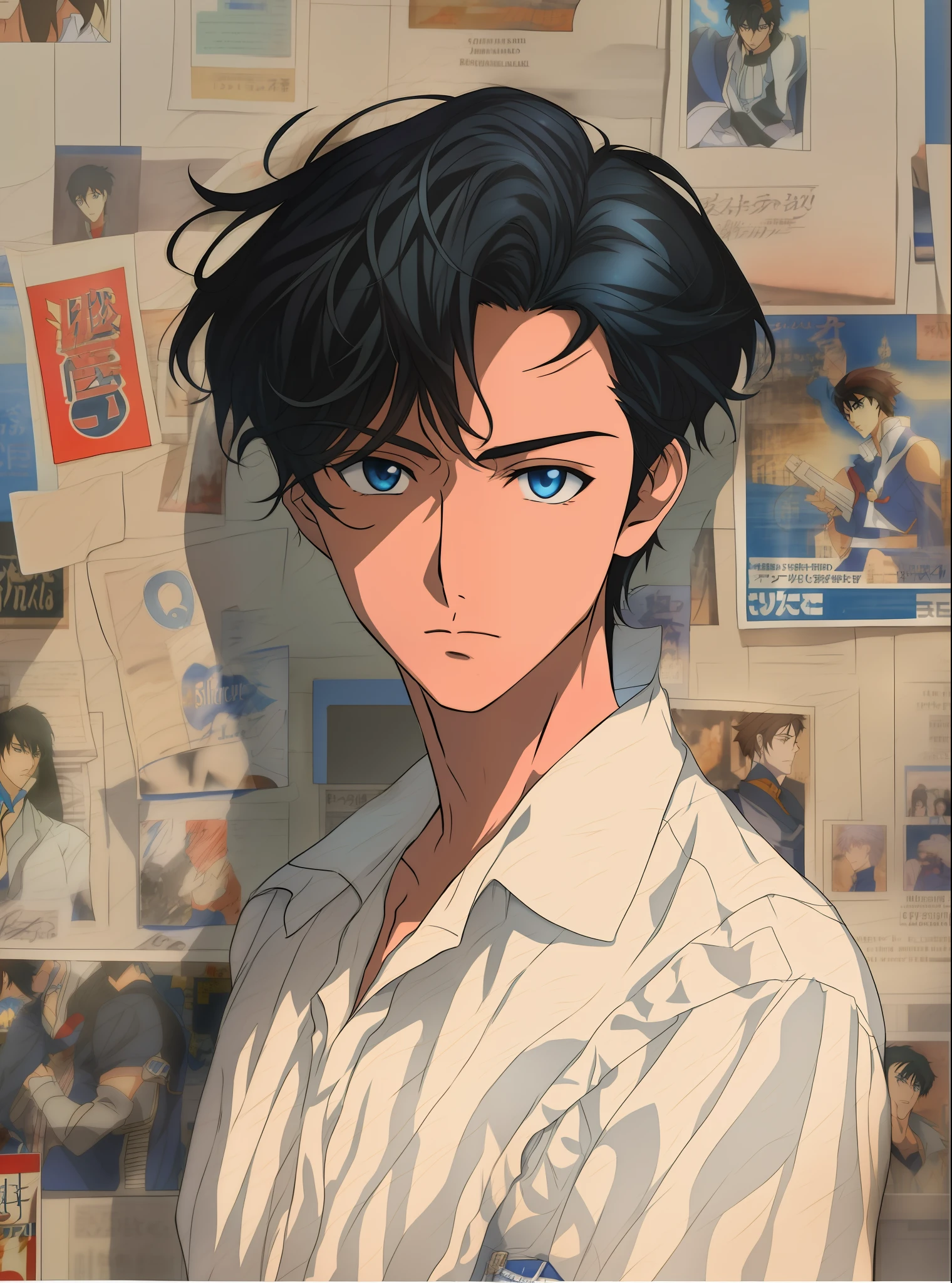 anime character with black hair and blue eyes in front of a wall of newspapers, anime portrait of a handsome man, young anime man, anime style portrait, anime poster film still portrait, anime handsome man, kentaro miura manga art style, male anime style, anime boy, lofi portrait, artwork in the style of guweiz, tall anime guy with blue eyes --auto --s2