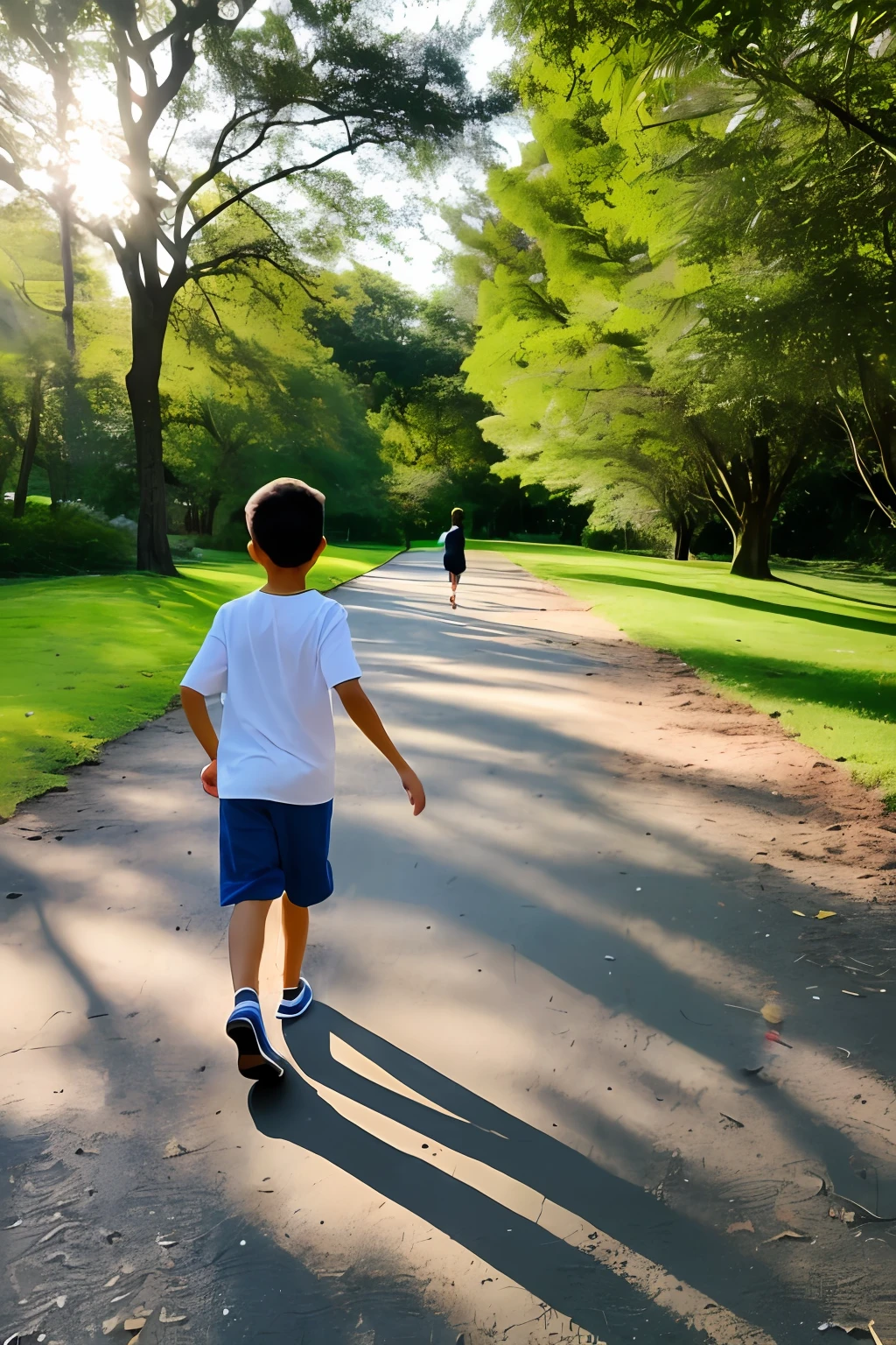 guttonerdreliberate1, a scene in which a 3--old  wearing glasses is walking toward the camera on a jogging track in a busy park. The boy's face would be portrayed in intricate detail, showing his innocence and determination as he took every step forward. He is in the center of the image.

The scene would be set during the early hours of the morning, with the sun just beginning to rise, casting a warm, soft light over the surroundings. The park would be filled with vibrant colors, lush greenery and energetic activities.

The boy would be dressed in sports attire, ready for his morning walk. His glasses would give a touch of charm to his appearance, emphasizing his young age and curiosity. With a confident step, he would be shown approaching the camera, showing his determination and willingness to explore.

The path would be flanked by trees, flowers and other visitors to the park, creating a lively and dynamic atmosphere. The details of the boy's clothing, glasses, and facial expression would be meticulously depicted, capturing his emotion and joy as he ventured forward.

The illustration would aim to convey a sense of optimism, highlighting the boy's enthusiasm for discovery and his connection to nature. The realistic portrayal of the scene would bring the viewer into the moment, evoking a feeling of warmth and joy.

Overall, this alert would result in an illustrative scene that shows the energy and curiosity of a 3-year-oly as confidently walks toward the camera on a jogging track in a vibrant park setting during the early morning hours.