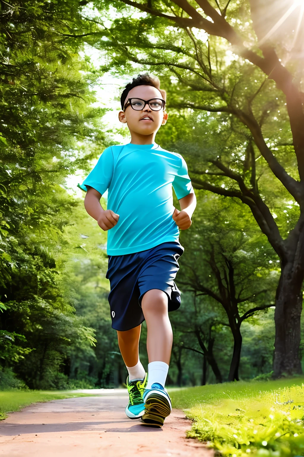 guttonerdreliberate1, a scene in which a 3--old wearing glasses is walking toward the camera on a jogging track in a busy park. The boy's face would be portrayed in intricate detail, showing his innocence and determination as he took every step forward. He is in the center of the image.
The scene would be set during the early hours of the morning, with the sun just beginning to rise, casting a warm, soft light over the surroundings. The park would be filled with vibrant colors, lush greenery and energetic activities.
The boy would be dressed in sports attire, ready for his morning walk. His glasses would give a touch of charm to his appearance, emphasizing his young age and curiosity. With a confident step, he would be shown approaching the camera, showing his determination and willingness to explore.
The path would be flanked by trees, flowers and other visitors to the park, creating a lively and dynamic atmosphere. The details of the boy's clothing, glasses, and facial expression would be meticulously depicted, capturing his emotion and joy as he ventured forward.
The illustration would aim to convey a sense of optimism, highlighting the boy's enthusiasm for discovery and his connection to nature. The realistic portrayal of the scene would bring the viewer into the moment, evoking a feeling of warmth and joy.
Overall, this alert would result in an illustrative scene that shows the energy and curiosity of a 3-year-oly as confidently walks toward the camera on a jogging track in a vibrant park setting during the early morning hours.