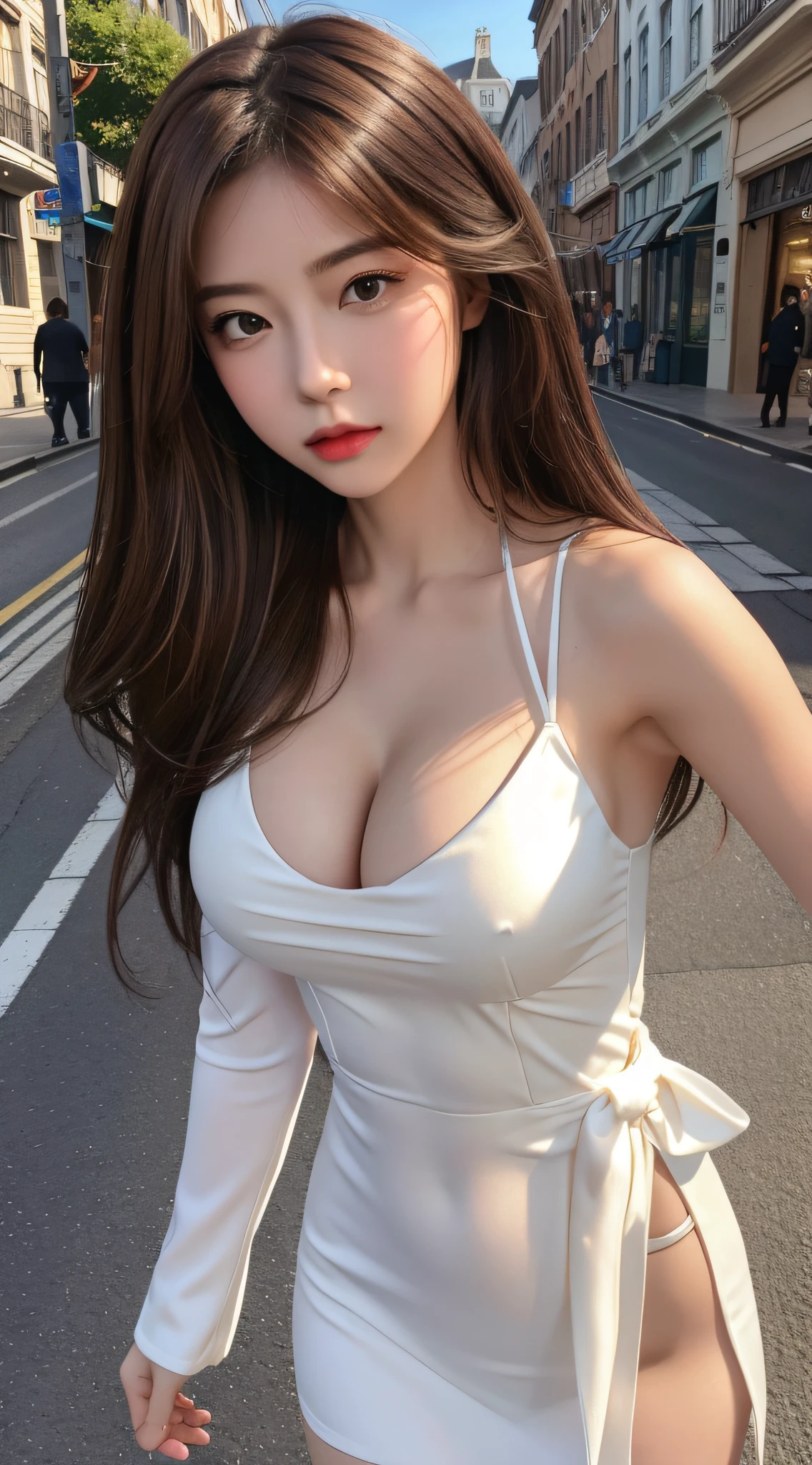 (Realistic, Photorealistic: 1.37), (8k, RAW Photos, Top Quality, Masterpiece: 1.2), (Realistic Lighting)), Clear Focus: 1.2, 1 Girl, Perfect Body Beauty: 1.4, Slim Abs: 1.1, ((Dark Brown Hair, Big: 1.3)), (Accent Dress: 1.4), (Outdoor, Night: 1.1), Street, Slender Face, Fine Eyes, Double Eyelids, exposed cleavage absurdity, incredibly absurd, messy hair, floating hair,