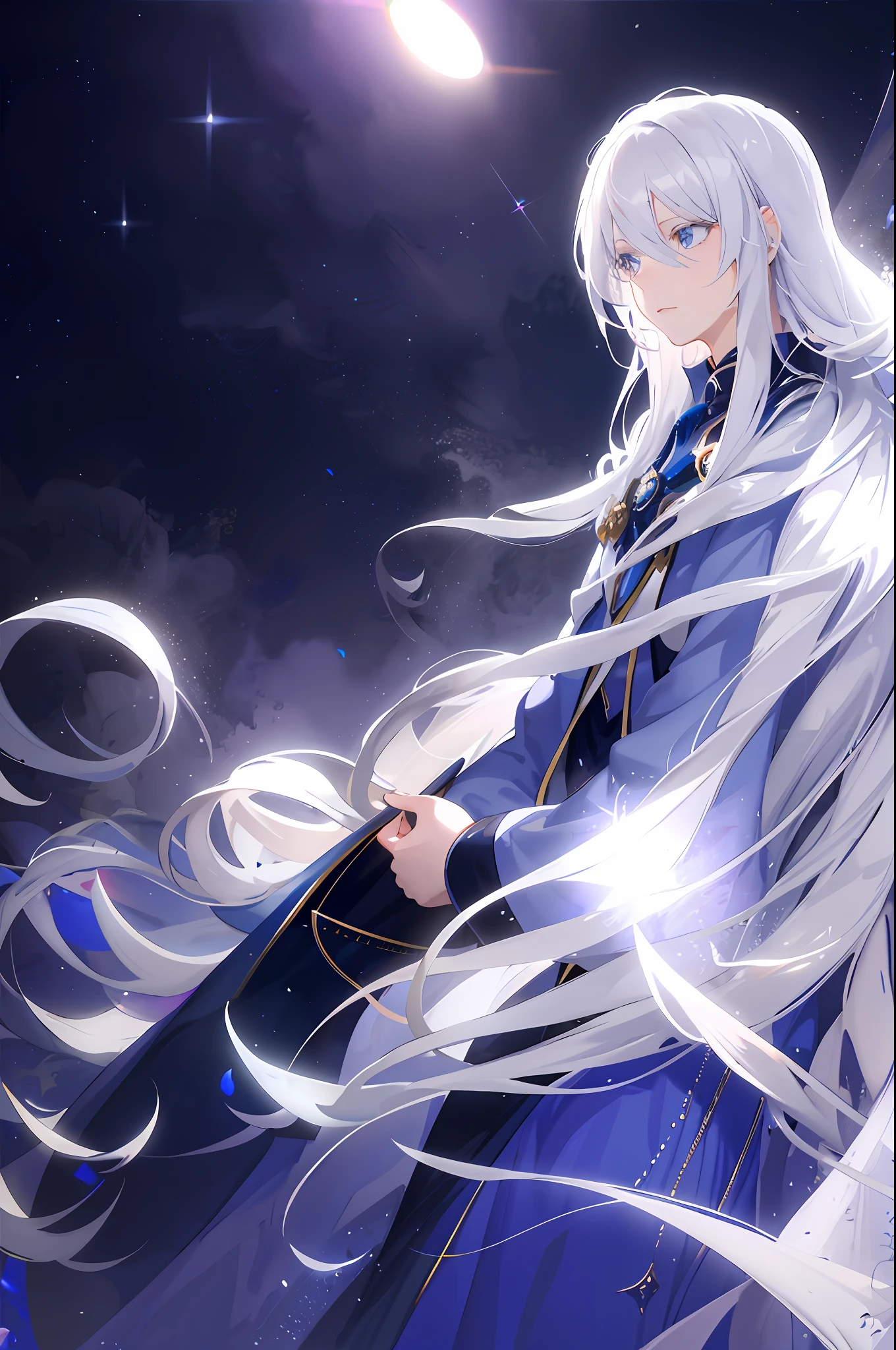 anime, a woman with long white hair and a blue dress, white haired deity, with long white hair, with white long hair, white haired, white hair floating in air, flowing white hair, detailed white long hair, white-haired, cloud-like white hair, ray of light through white hair, flowing hair and long robes, white haired lady