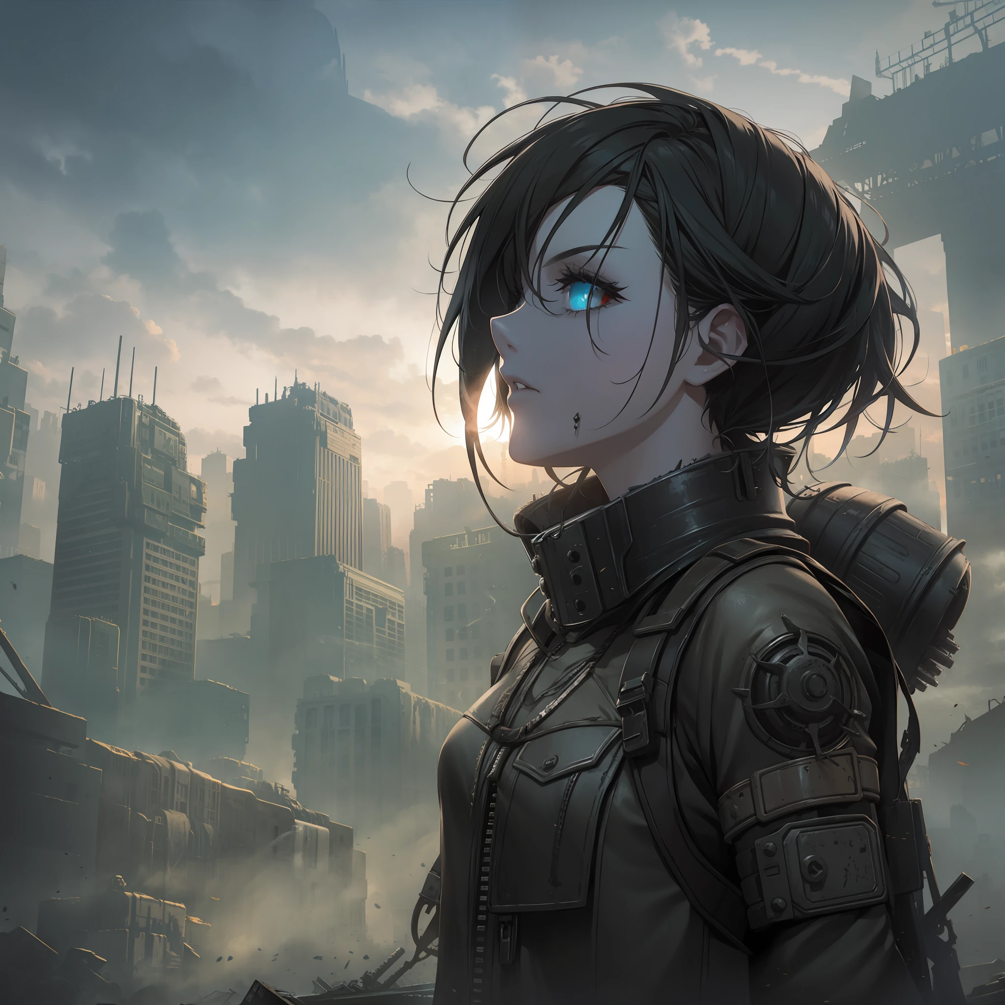 Wasteland Punk, dystopian fantasy scenario, gothic horror vibe, post-apocalyptic ruins smoke --auto --s2