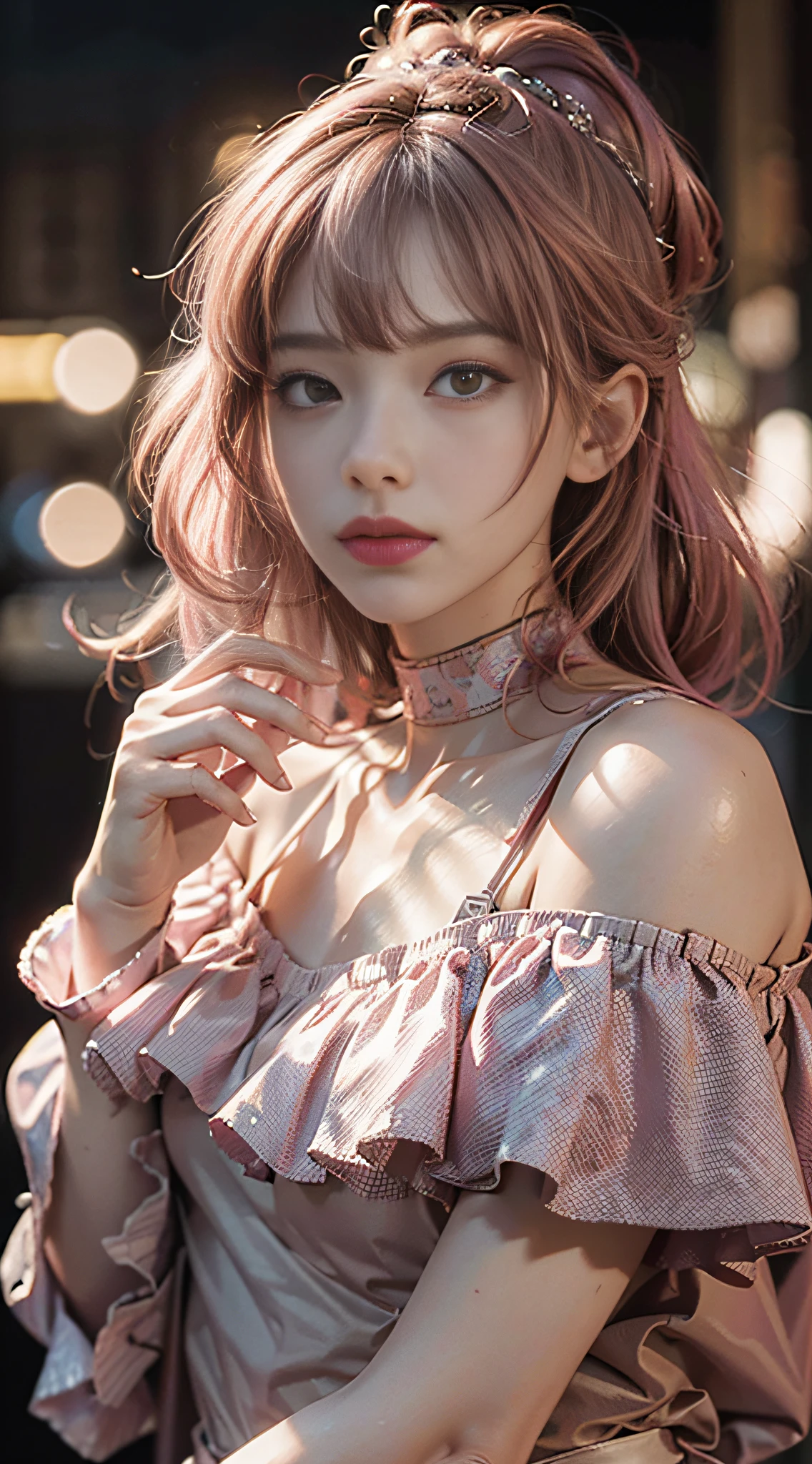 Best Quality, Masterpiece, Ultra High Resolution, (Realisticity: 1.4), Original Photo, 1girl, Pink Off-the-Shoulder, Cinematic Lighting