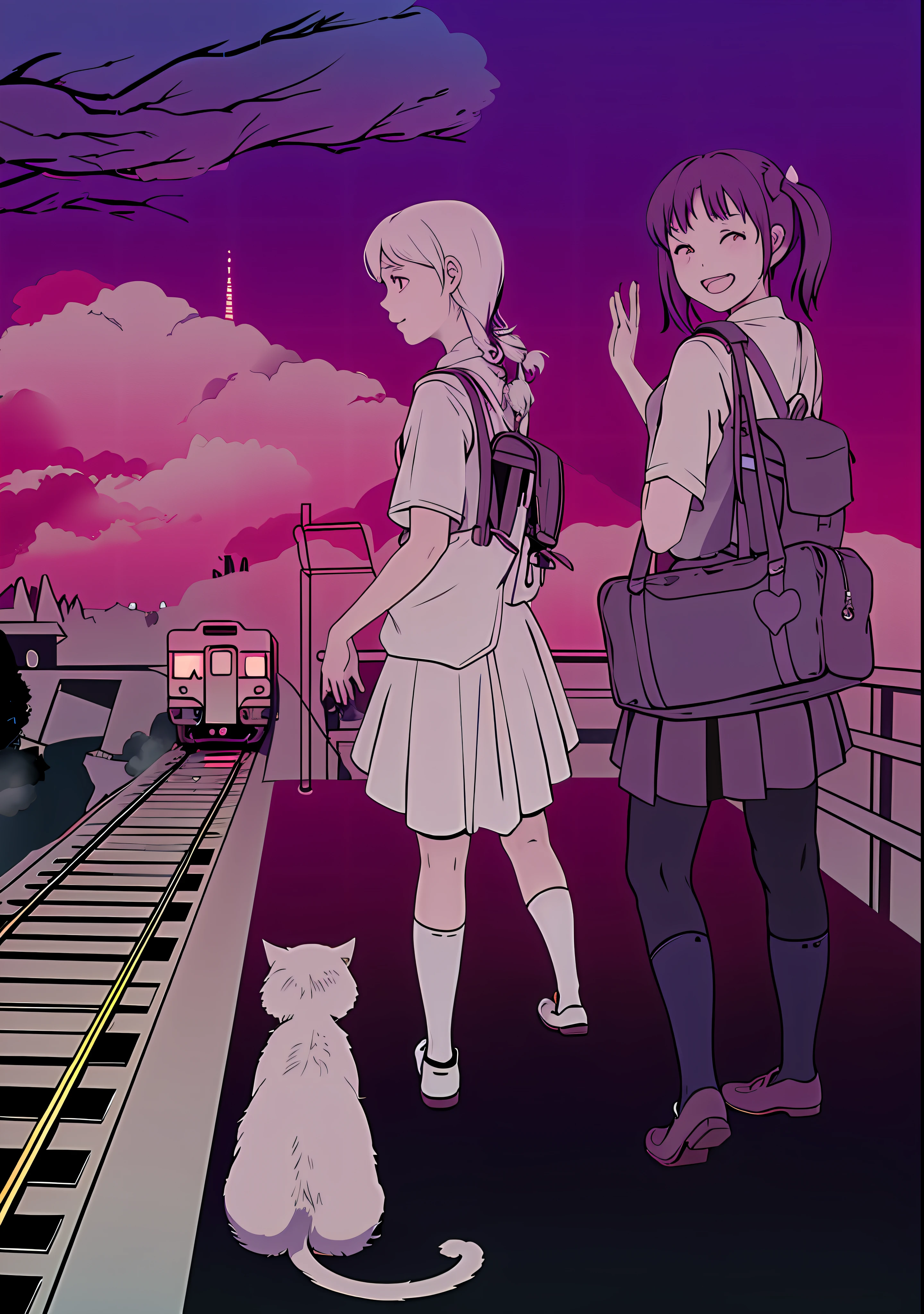 Cyberpunk anime coloring page of two girls and a cat on train tracks, cyberpunk urban line art with clear face, sweet cute, clean line art, perfect line art, clean anime silhouette, full page illustration