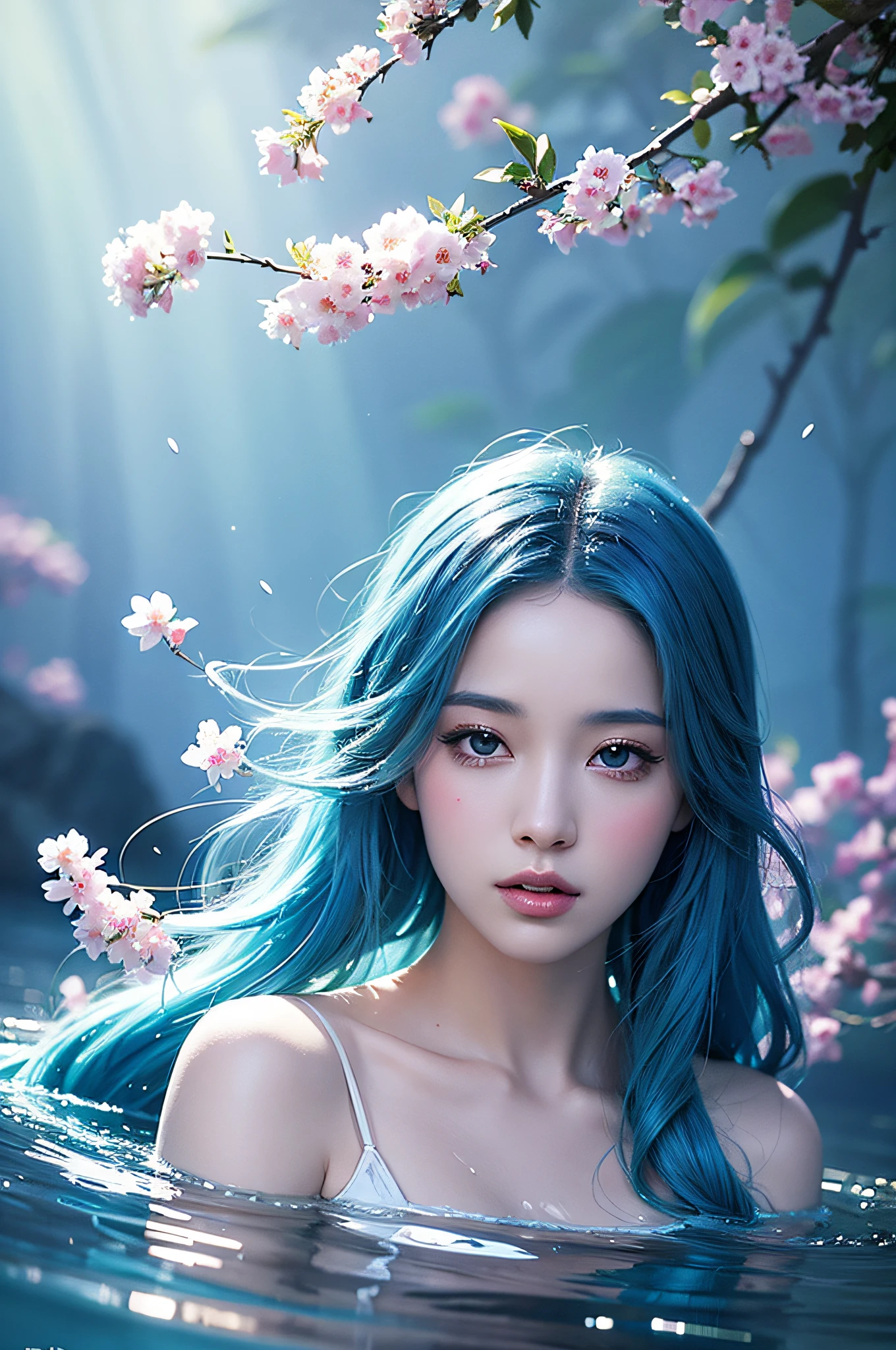 beauty with blue hair and flowers floating in water, beautiful beauty, beautiful digital illustration, beautiful artwork illustration, beautiful digital artwork, beautiful gorgeous digital art, beautiful digital art, asian female water element, gorgeous digital art, very beautiful digital art, close up fantasy with water magic, beautiful fantasy art, beautiful digital painting, beautiful digital illustration, gorgeous digital painting