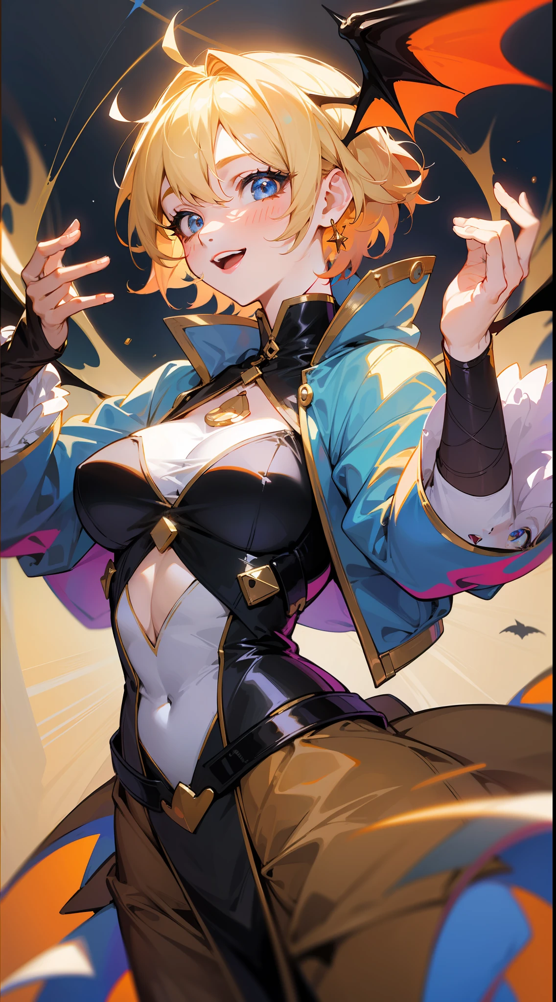 Anime portrait of an original character, volumetric lighting, best shadows, portrait of A sucubus (short blonde hair: 1.9), blue eyes, dressed in a very large orange jacket (big clothes: 1.7), floating in the air, (bat wings: 1.8), bat_wings, wings open, hands raised in the air, black gloves, gold rings and earrings, light effects, circular colored effects, happy smile, tranquil look, big pink eyes, cute, no malice, medium breasts, widely smiling, open mouth, lovely medium breasts, Big ear, red lipstick, messy short blond hair, Blush eyeshadow, stylish modern outfit in blue and black, slim waist. (Highest quality, amazing details:1.1), (Solo:1.9)