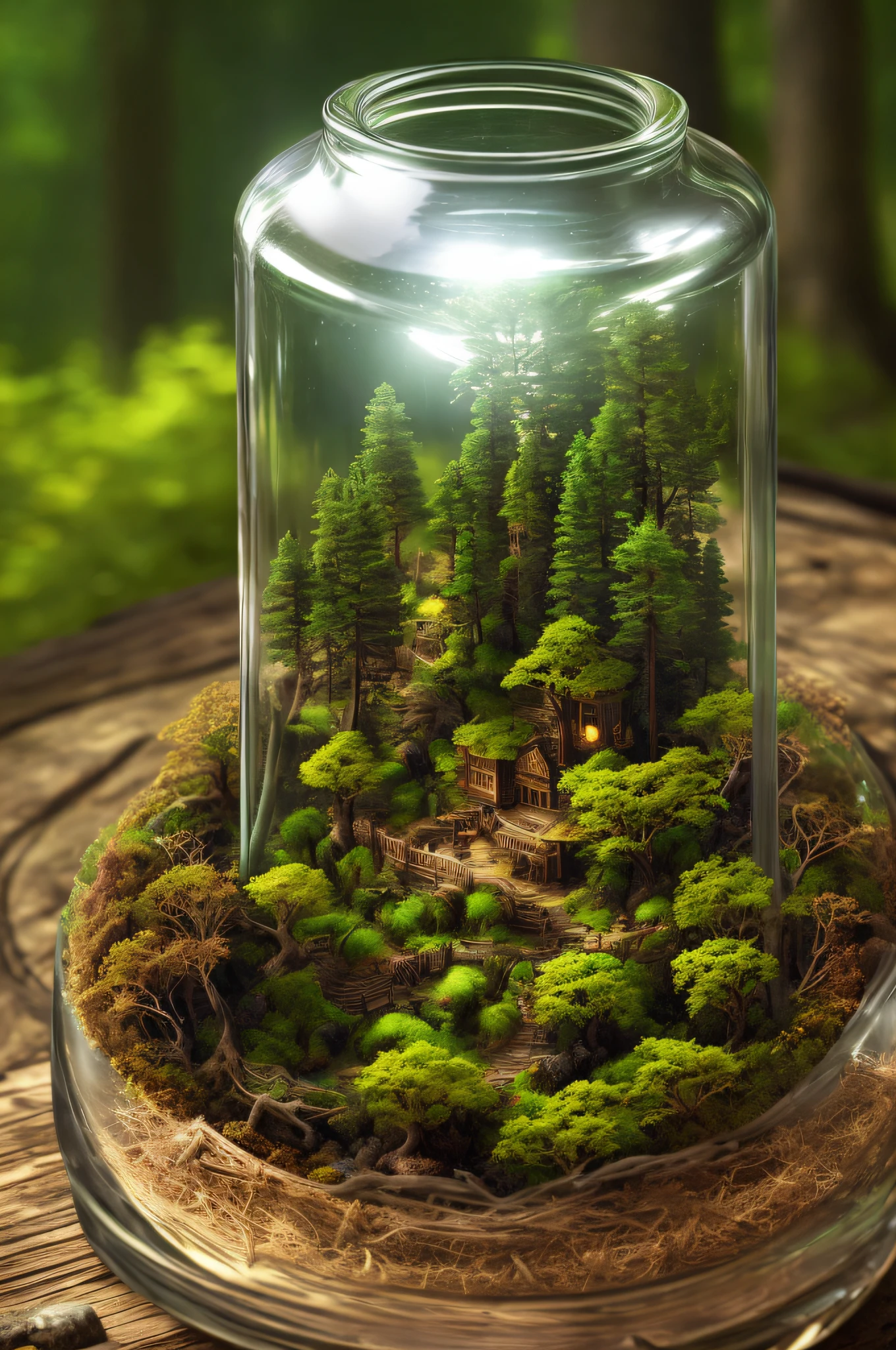 (An intricate forest minitown landscape trapped in a bottle), atmospheric oliva lighting, on the  table, 4k UHD, dark vibes, hyper detailed, vibrant colours forest background, epic composition, octane render, sharp focus, high resolution isometric