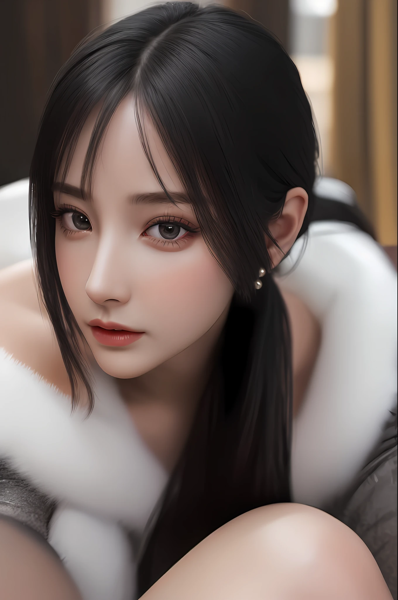 Very detailed eyes, very detailed face, very beautiful woman, best quality, super detailed (photorealistic), very delicate and beautiful legs, beautiful black eyes, absurdity, very detailed facial expression, professional illustration, shy, ff Tifa