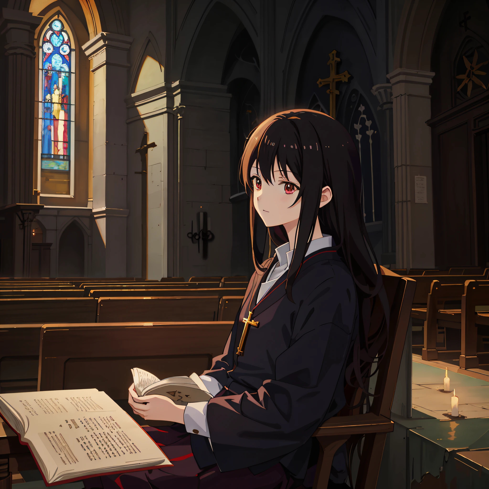 anime girl sitting in a church reading a book, artwork in the style of guweiz, painted in anime painter studio, anime moe artstyle, visual novel cg, makoto sinkai, demonic atmosphere, visual novel key visual, ; visual novel, today's featured anime still, marin kitagawa fanart, made with anime painter studio, atey ghailan 8 k