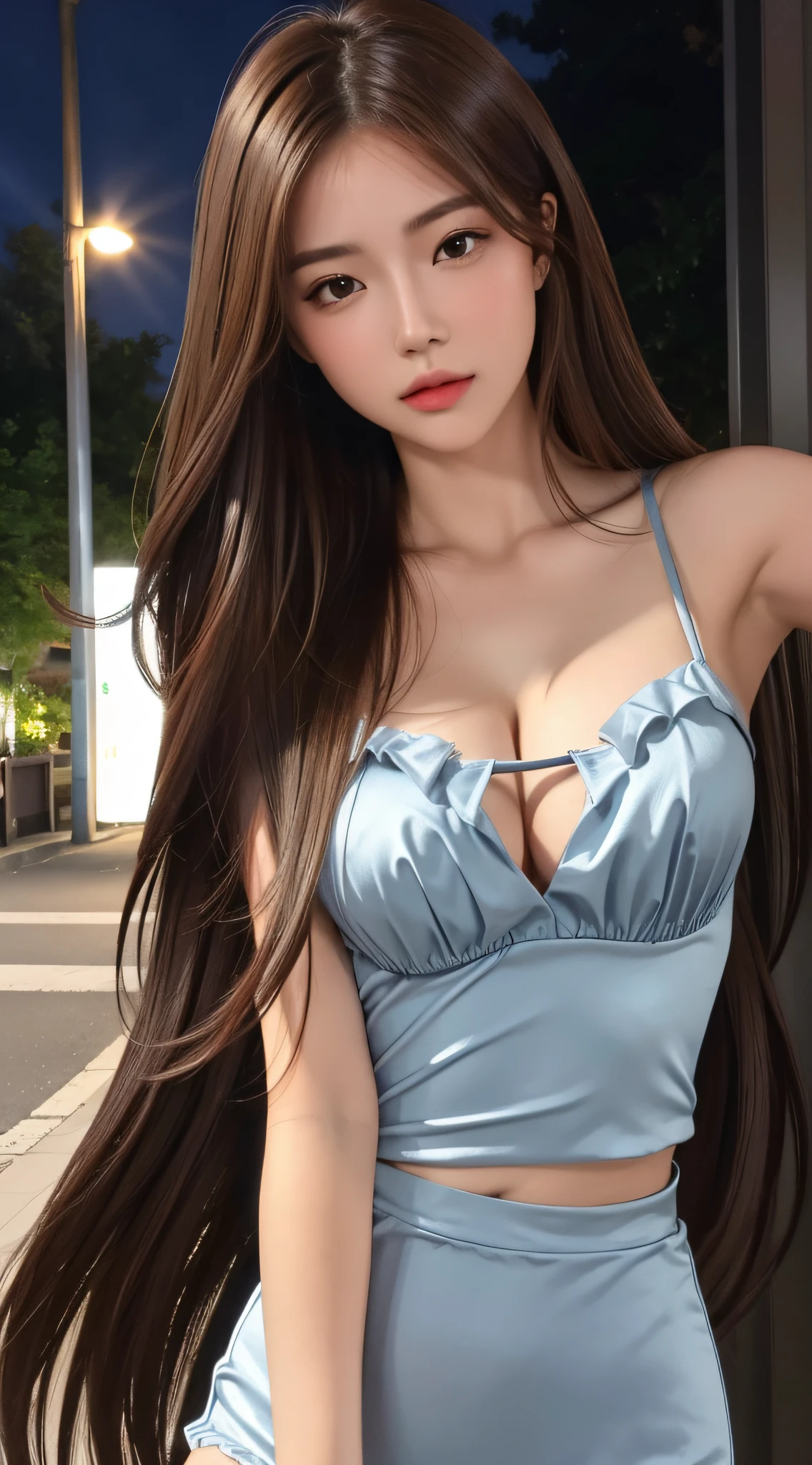 ((Realistic lighting, top quality, 8K, Masterpiece: 1.3)), Clear Focus: 1.2, 1 girl, Perfect Body Beauty: 1.4, Slim Abs: 1.1, ((Dark Brown Hair, Big: 1.3)), (Accelerate: 1.4), (Outdoor, Night: 1.1), Street, Slender Face, Fine Eyes, Double Eyelids, Exposed Cleavage Absurdity, Incredibly Absurd, Messy Hair, floating hair,
