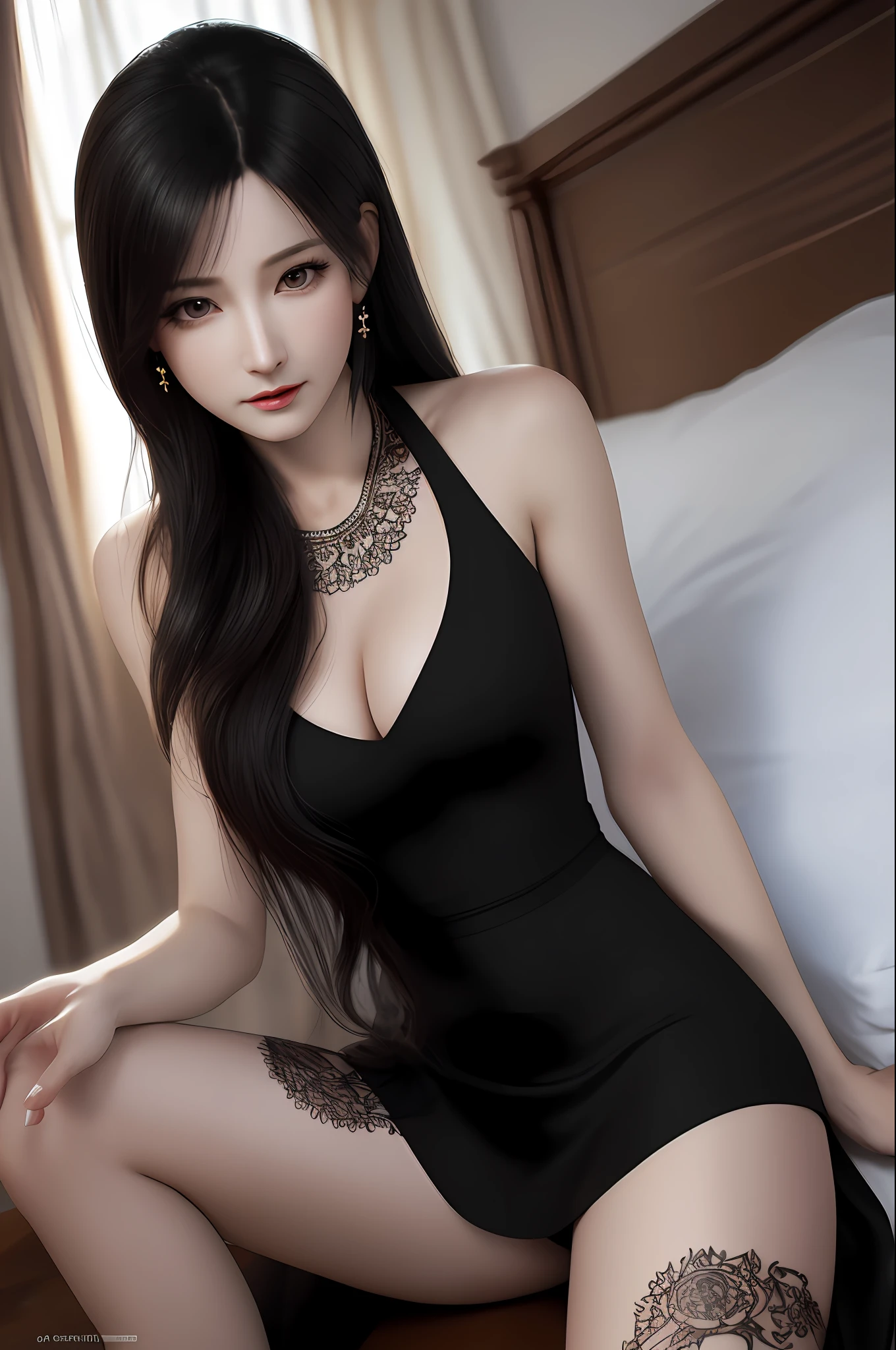 Very detailed eyes, very detailed face, very beautiful woman, best quality, super detailed (photorealistic), very delicate and beautiful legs, beautiful black eyes, absurdity, very detailed facial expression, professional illustration, shy, ff Tifa