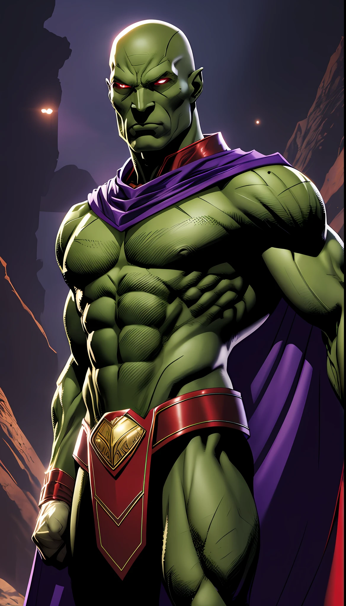 1man, solo, Martian Manhunter (DC comics), J'onn j'ozz, tall, muscular, hunk, abs, dark green skin, chiseled face, alien face, high cheekbones, alien pointy ears, tribal marks all over the body, long claws on forearms, long head, long face, squared chin, bald head, egg-shaped head, long ((purple)) cape, flowing cape, red eyes, no pupils, shirtless, standing powerfully, flat style, ultra detailed, low camera angle, upper body shot, 2 red straps on the chest big black and red armored leather skirt, black pant inside, high resolution:1.2, circle red and black emblem on the chest, battlefield in the background, award winning, shadow