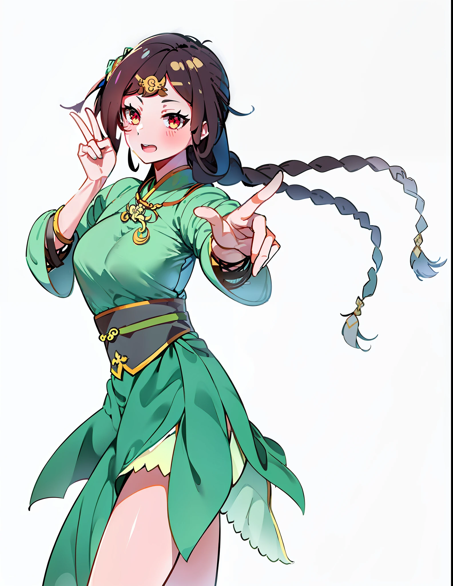 anime girl with long hair and green dress holding a cigarette, female anime character, inspired by Ju Lian, anime character, bian lian, anime style character, nezha, akali, inspired by Li Mei-shu, kunoichi, fighting pose, inspired by Li Tang, inspired by Lü Ji, inspired by Zhou Fang, sha xi, makoto