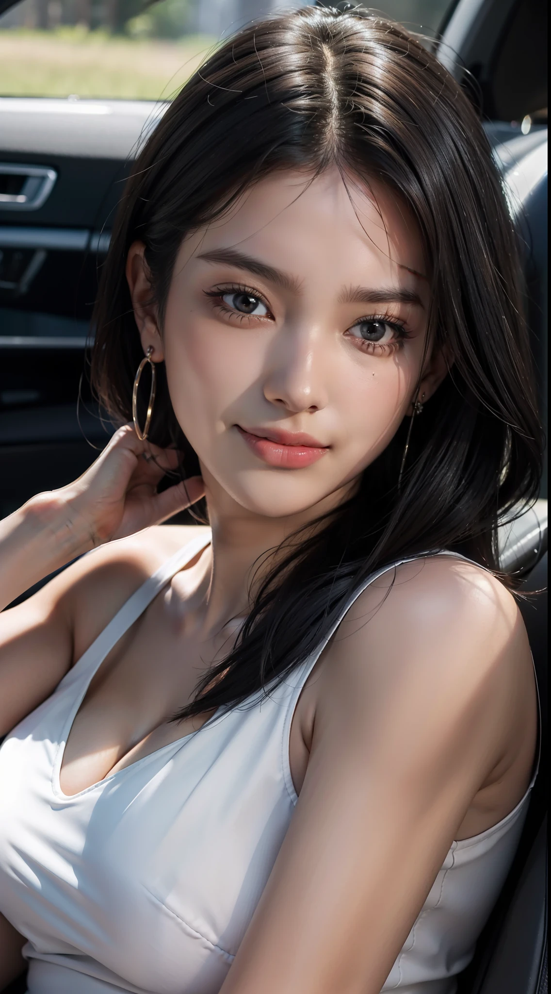 Masterpiece, Top Quality, Raw Photo, Photorealistic, Big, Face Light, Glossy Skin, High Resolution, Ultra Detail, Detail, Detailed Eyes and Face, Sharp Pupils, Smile, Sharp Focus, Glossy Skin, In the Car, Black Hair, Medium Hair, Earrings