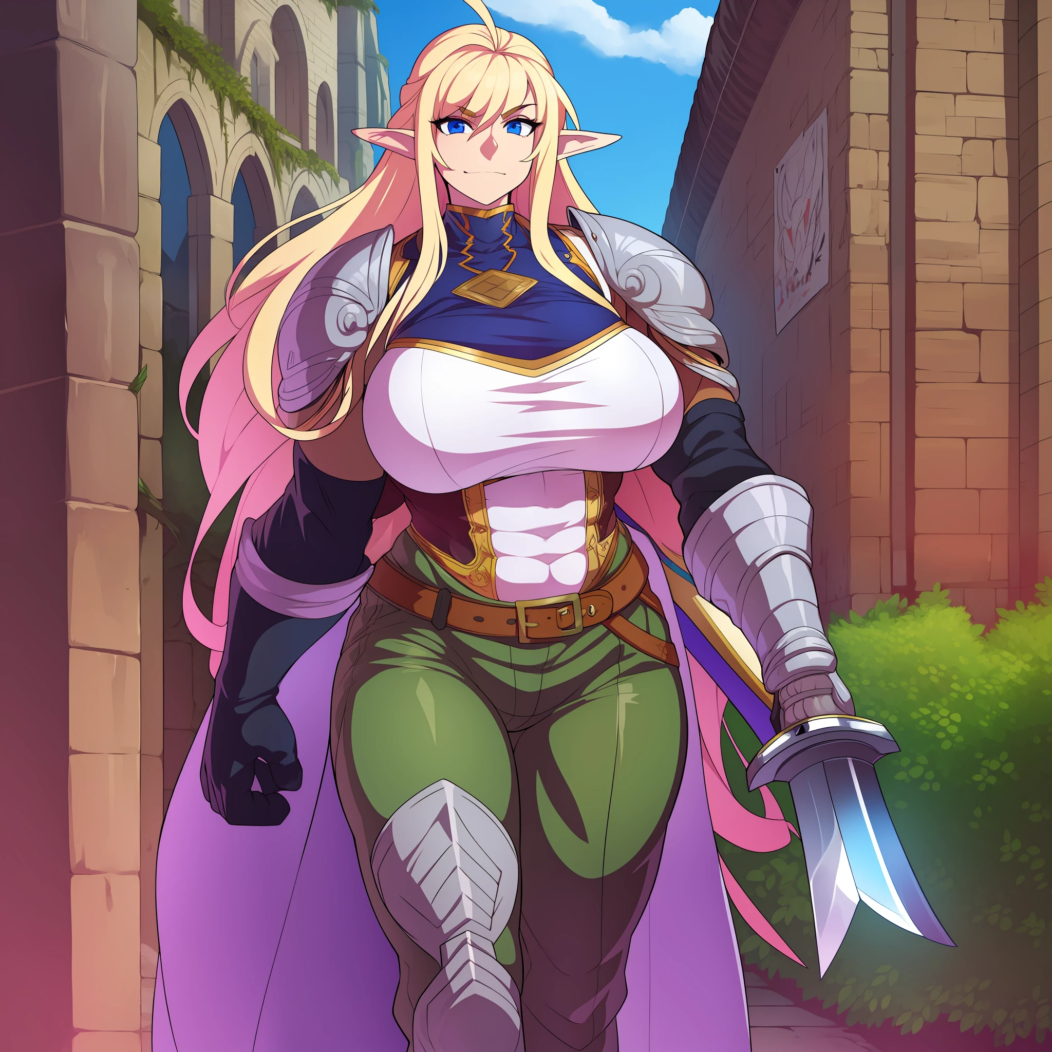 muscle girl,huge breast,, tall female, ,pants, solo focus, 1character, portrait full body,pale skinned female, palladin armor, sword holding, knight, vest, coat, walking, medieval clothing, long hair, blond hair,elfgirl