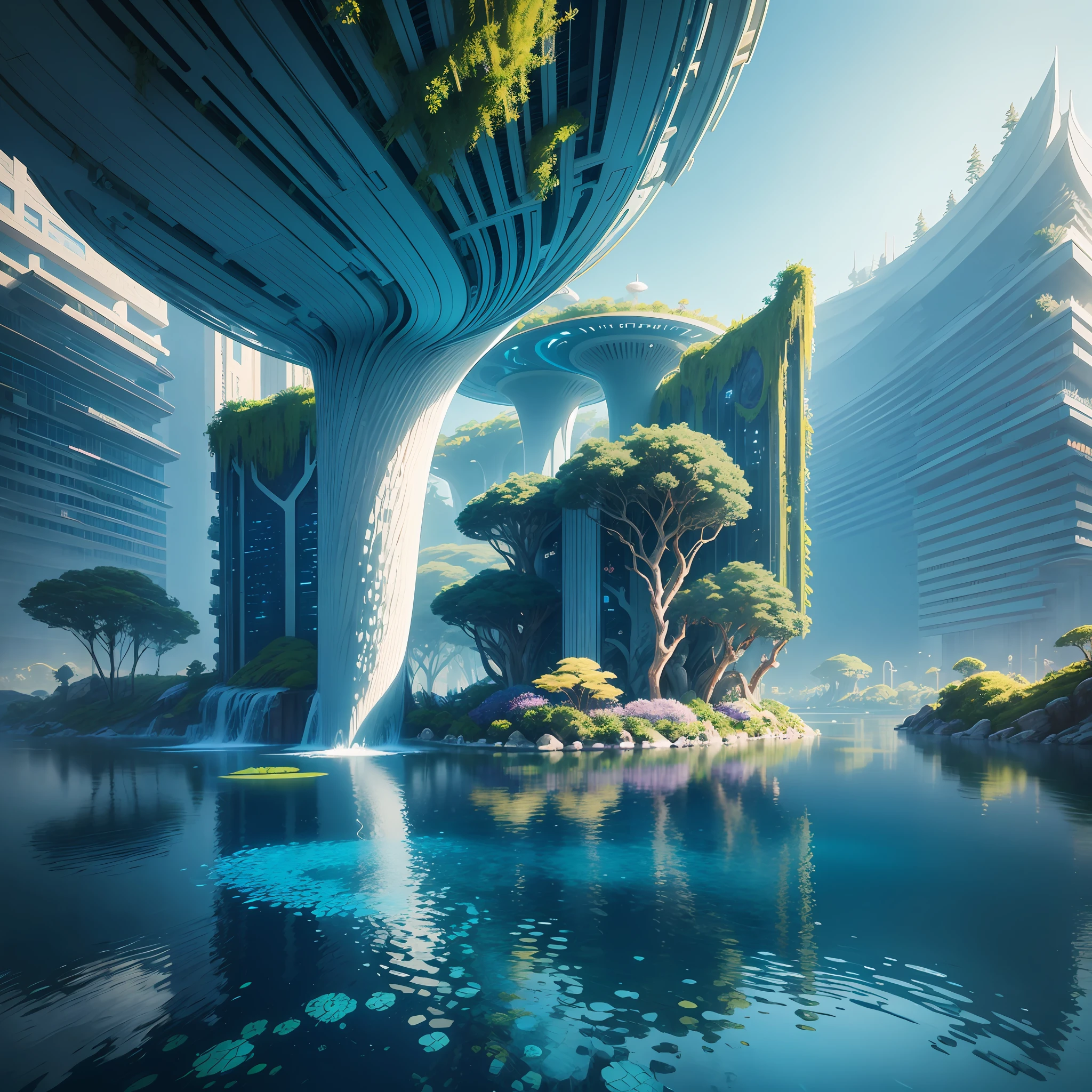 Science Fiction, Cities modern futuristic design large underwater city, futuristic underwater cityscape, a artificial waterfall and a pond with colorful flowers in the middle, nature meets underwater architecture, built inside ocean, realistic beehive architecture, organic underwater architecture, Reality very close to real nature, breathtaking render,city with underwater forest , advanced civilization technology,stunning architecture, luxury architecture, realistic fantasy render, by Zha Shibiao, epic and stunning, architectural visualization, epic architecture, concept art. 8 k --auto --v6 --s2