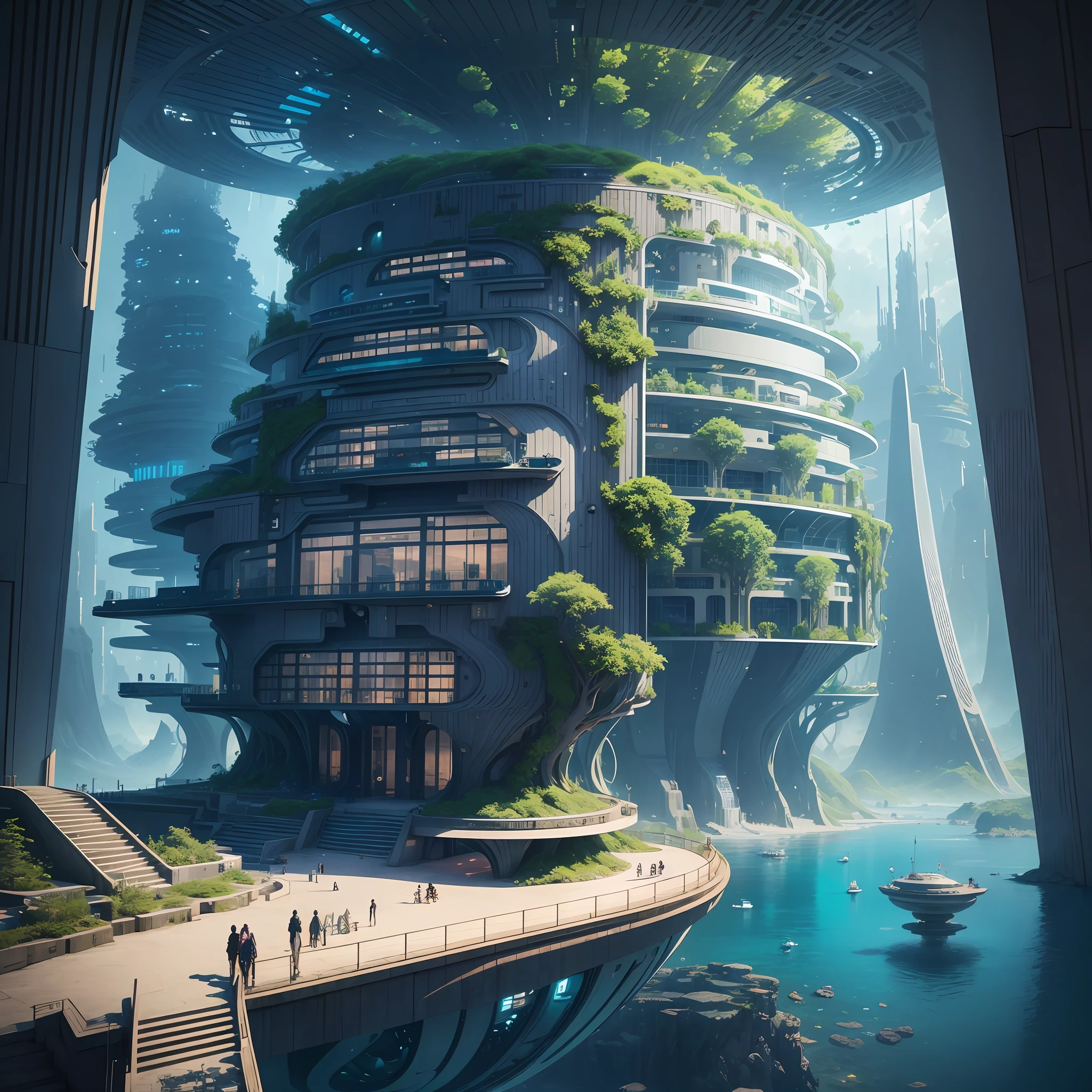 Science Fiction, Cities modern futuristic design large underwater city, futuristic underwater cityscape, a artificial waterfall and a pond with colorful flowers in the middle, nature meets underwater architecture, built inside ocean, realistic beehive architecture, organic underwater architecture, Reality very close to real nature, breathtaking render,city with underwater forest , advanced civilization technology,stunning architecture, luxury architecture, realistic fantasy render, by Zha Shibiao, epic and stunning, architectural visualization, epic architecture, concept art. 8 k --auto --v6 --s2