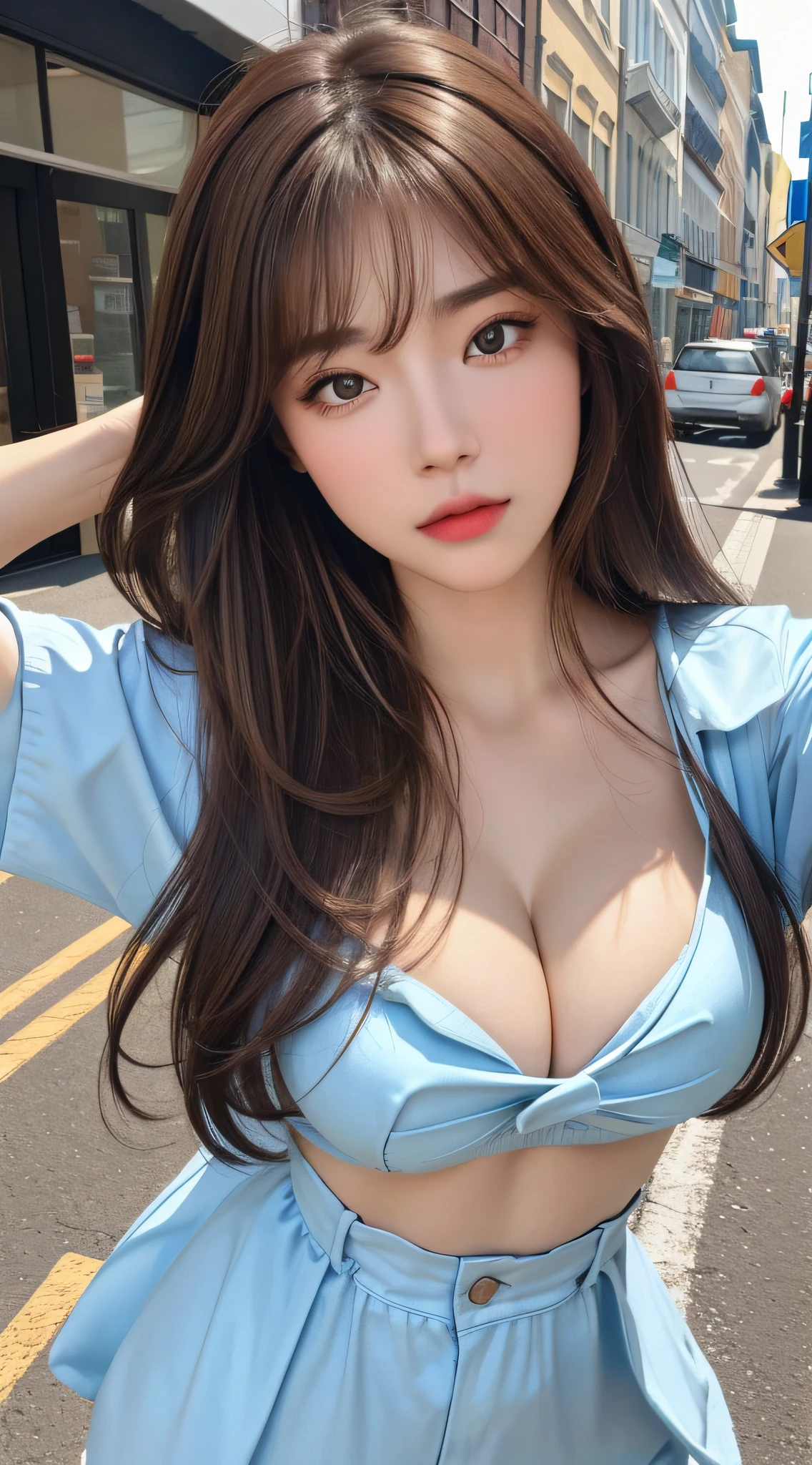 ((Realistic lighting, top quality, 8K, Masterpiece: 1.3)), Clear Focus: 1.2, 1 girl, Perfect Body Beauty: 1.4, Slim Abs: 1.1, ((Dark Brown Hair, Big: 1.3)), (Accelerate: 1.4), (Outdoor, Night: 1.1), Street, Slender Face, Fine Eyes, Double Eyelids, Exposed Cleavage Absurdity, Incredibly Absurd, Messy Hair, floating hair,