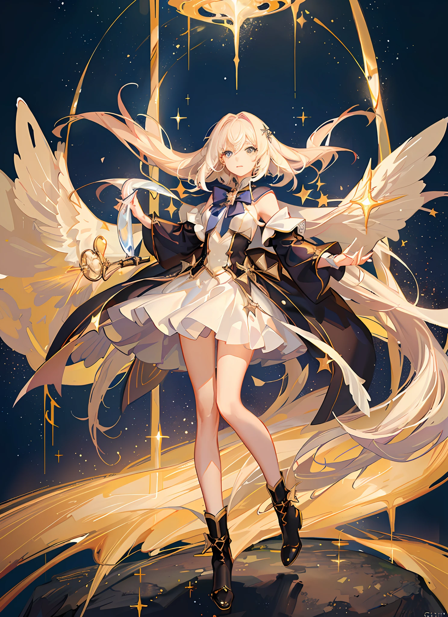 ((magical girl)), ((beautiful starry sky background)), ((ultra-detailed)), ((best artwork)), ((cinematic lighting)), dynamic angle, floating, finely detailed, (glitter: 1,2 ), (sparkle:1.2), (shine:1.2), classic, (painting:1.1), (sketch:1.1), (best quality), (masterpiece:1.2), (anime style), (solo) , beautiful detailed face, (cute face: 1.3), (big eyes: 1.3), colorful hair, (long hair: 1.2), (floating hair: 1.2), (magical girl outfit), detailed outfit, (sparkling wand: 1.3), (magic effects:1.3), (flowing skirt:1.2), (cute boots:1.1), (transparent fabric:1.1), (glitter:1.2), (glow:1.2), (shine:1.2), ( flicker:1.2) , (glare:1.2)